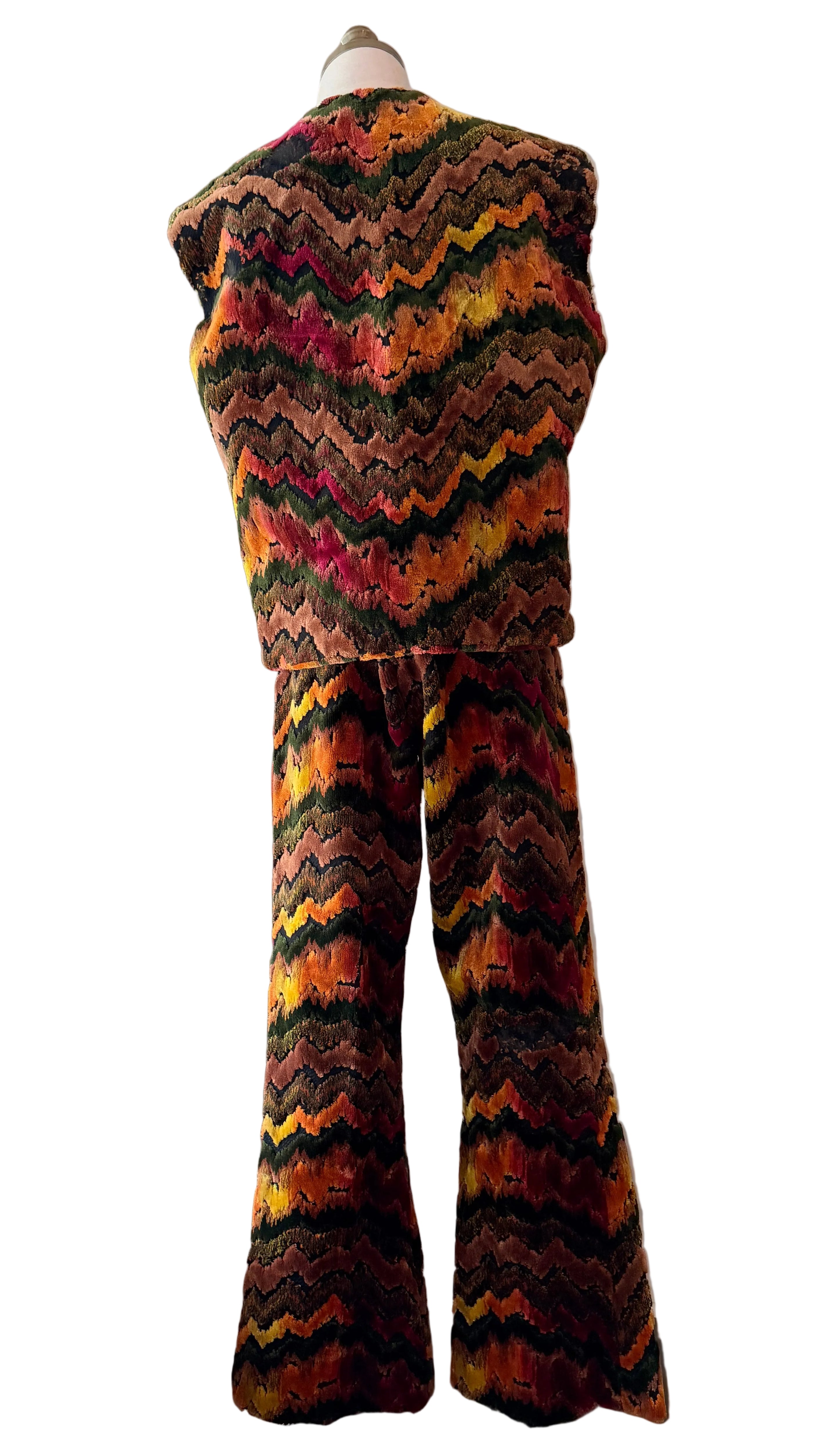 1970s Custom-Made Velvet Carpet Vest & Pants Set with Chevron Design