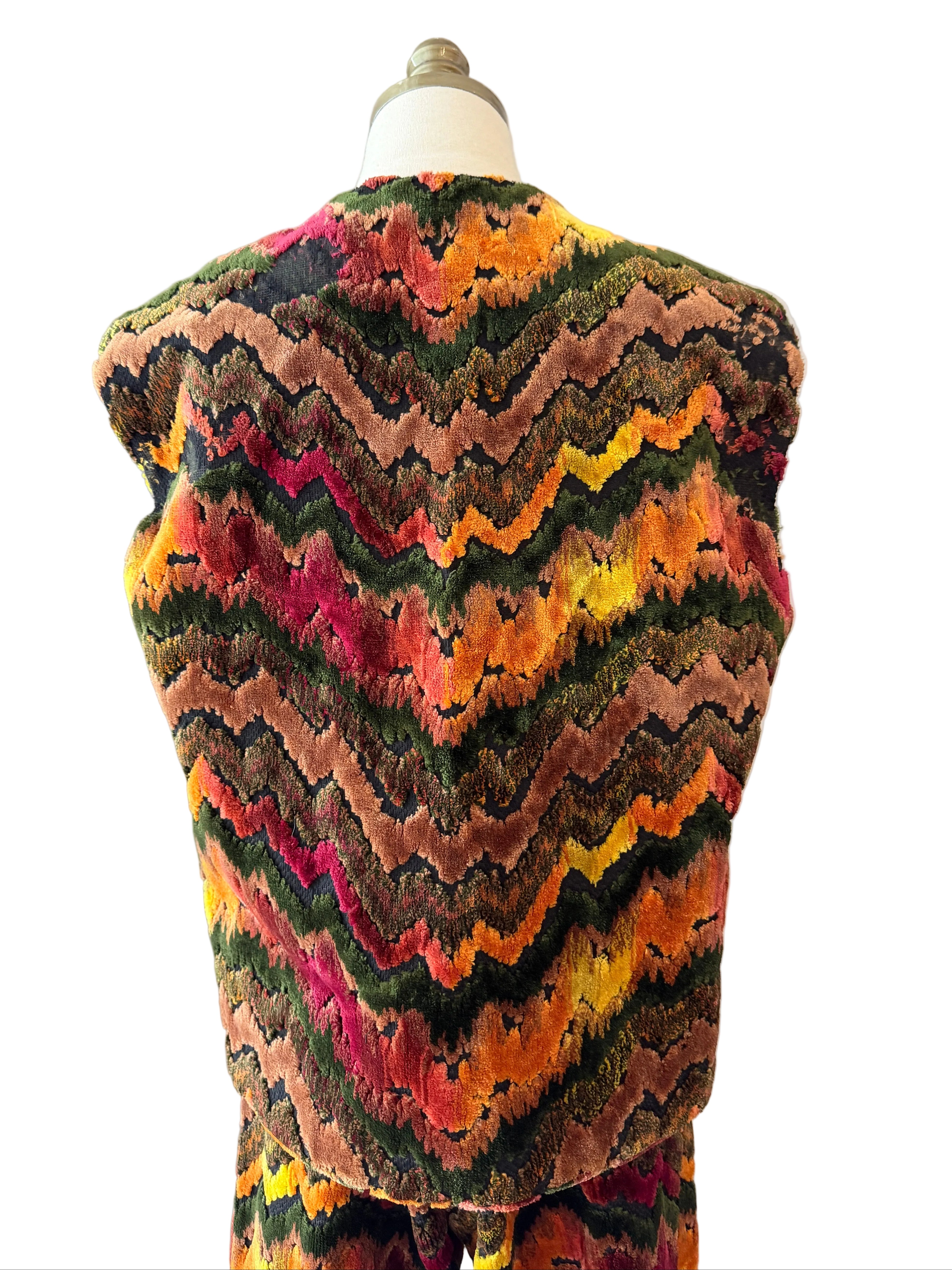 1970s Custom-Made Velvet Carpet Vest & Pants Set with Chevron Design