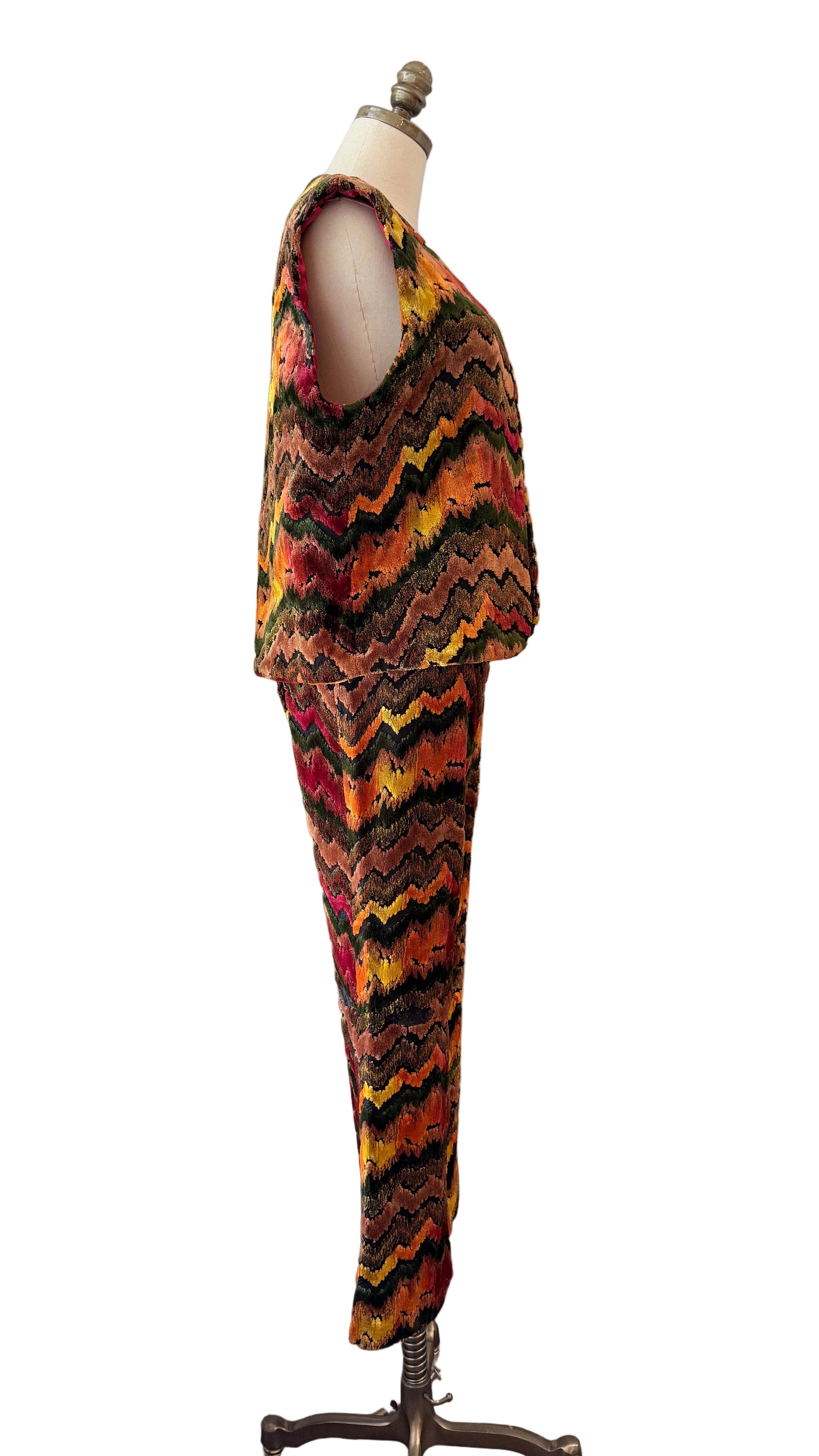1970s Custom-Made Velvet Carpet Vest & Pants Set with Chevron Design