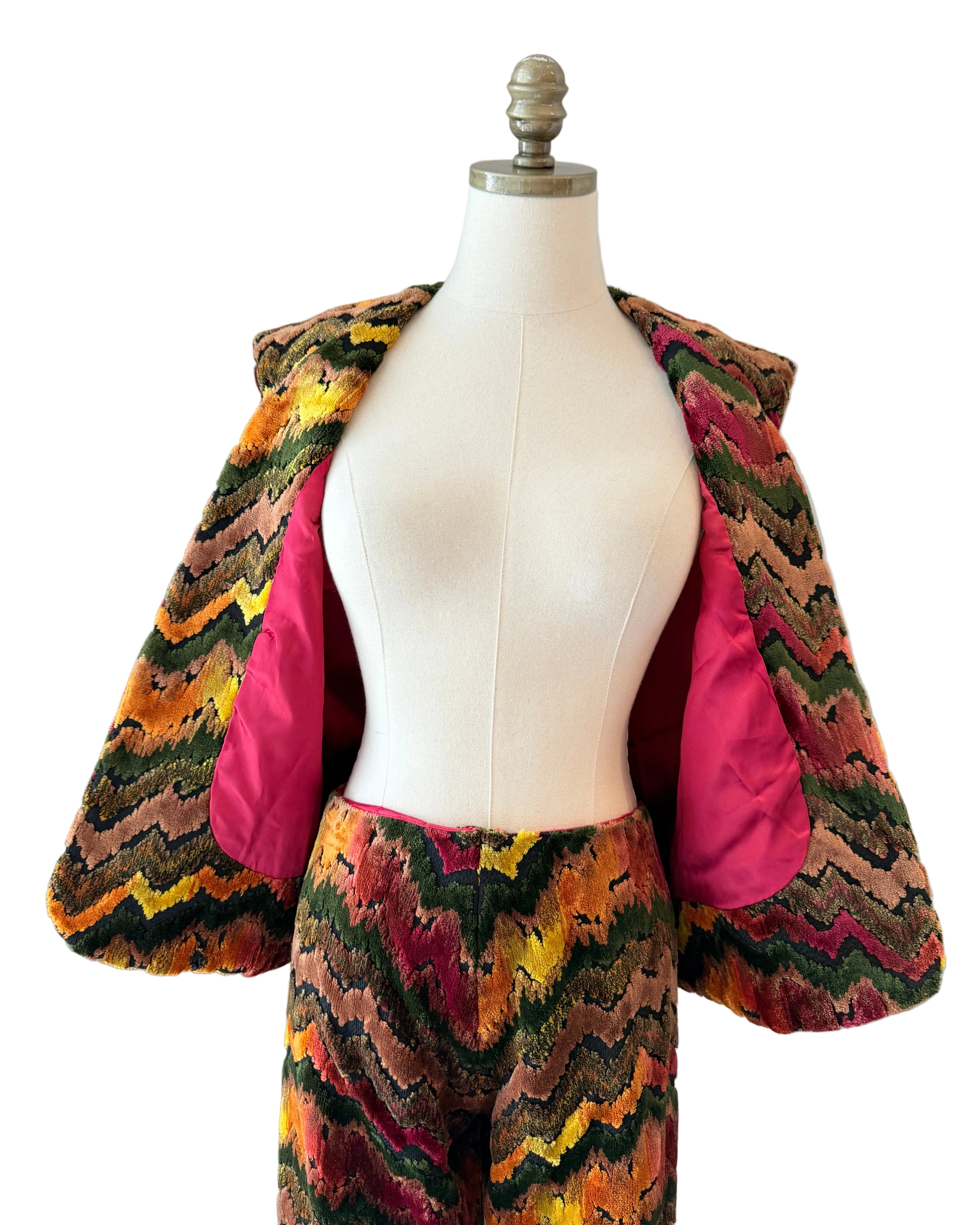 1970s Custom-Made Velvet Carpet Vest & Pants Set with Chevron Design