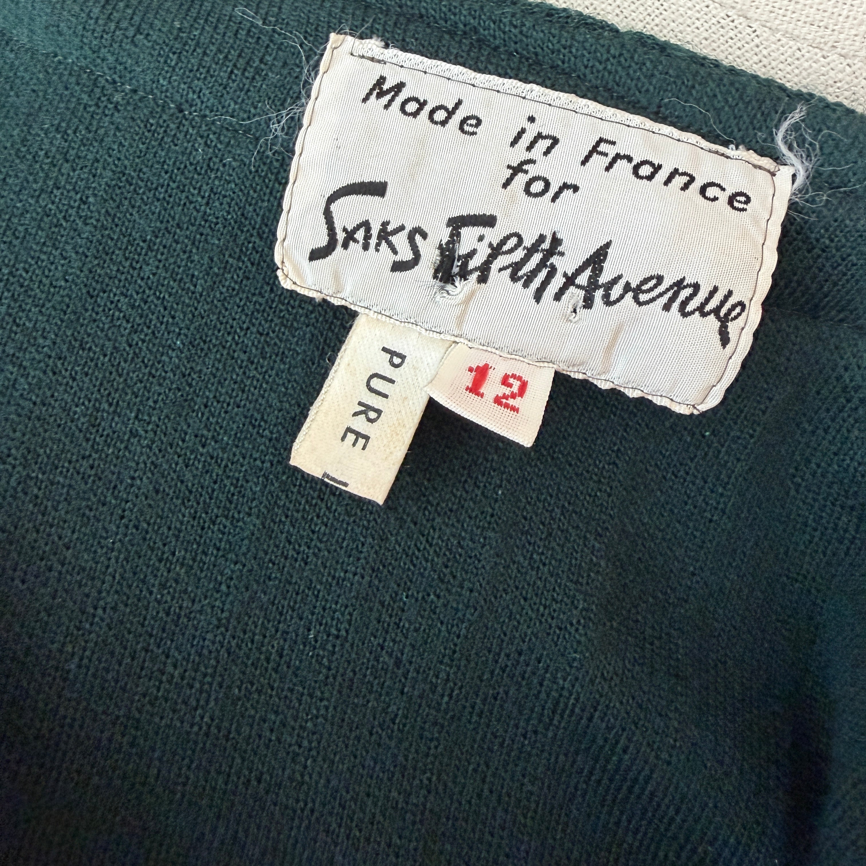1960s Made in France for Saks Fifth Avenue Green Ribbed Wool Pant Suit