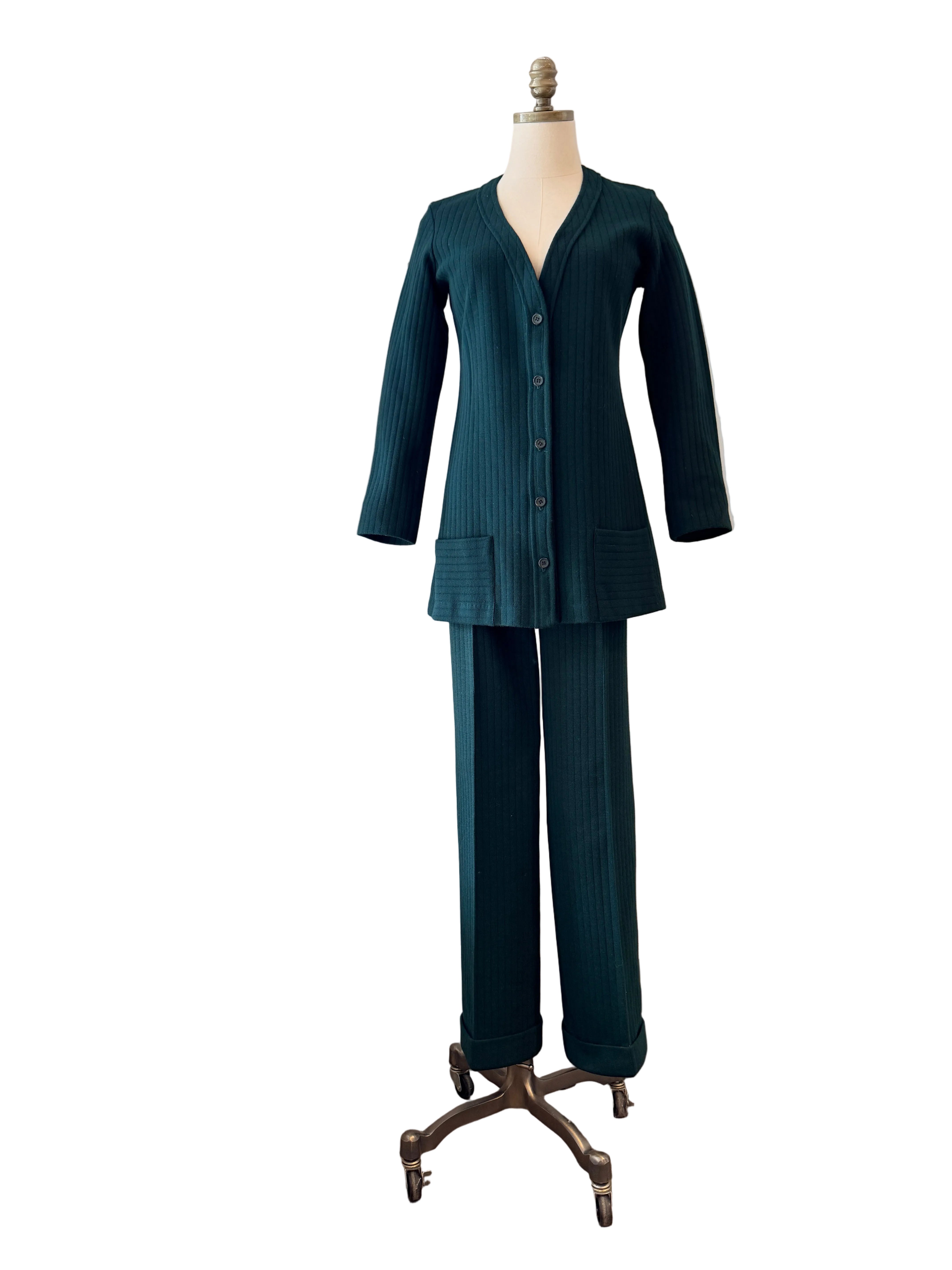 1960s Made in France for Saks Fifth Avenue Green Ribbed Wool Pant Suit