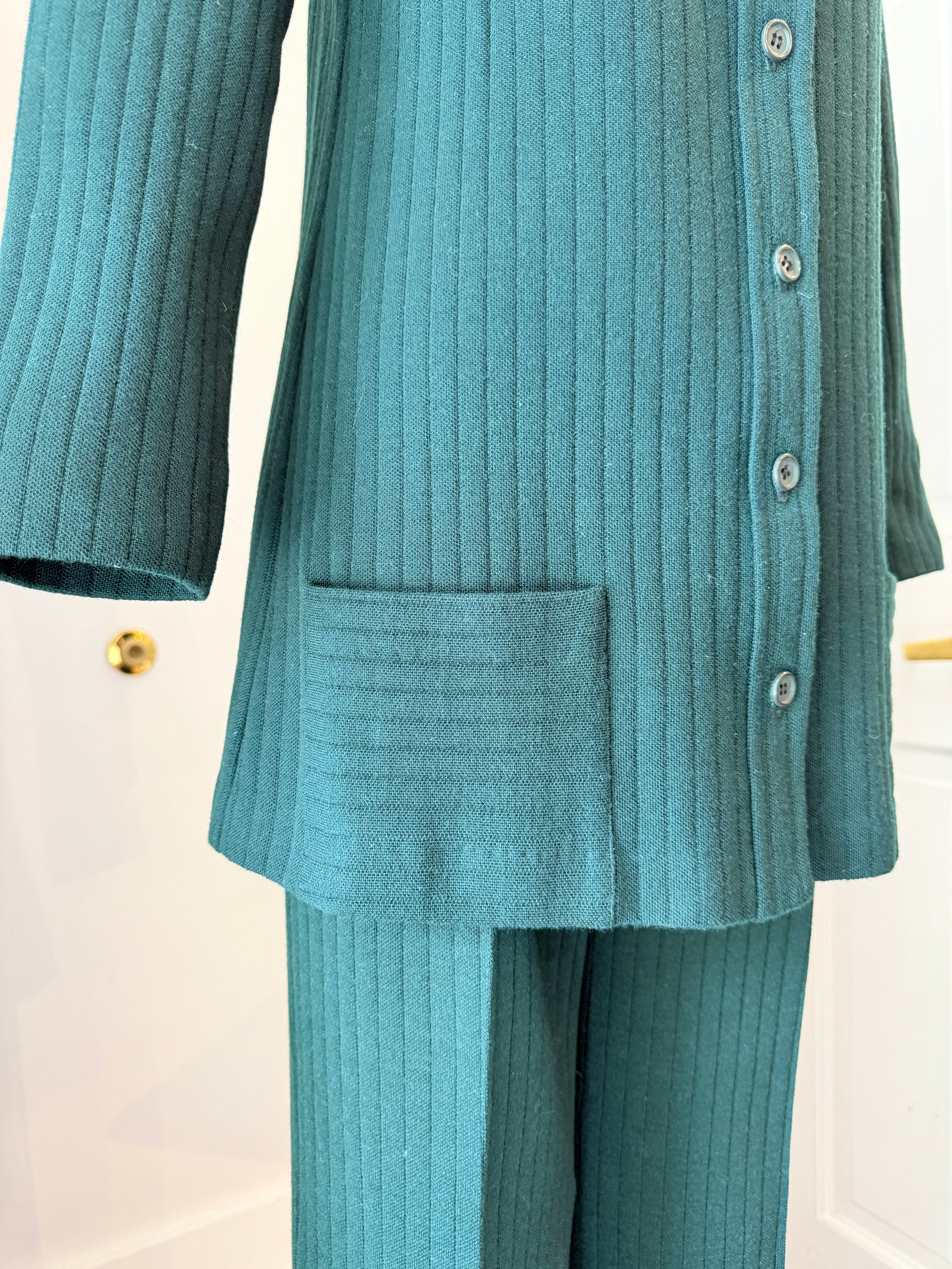 1960s Made in France for Saks Fifth Avenue Green Ribbed Wool Pant Suit