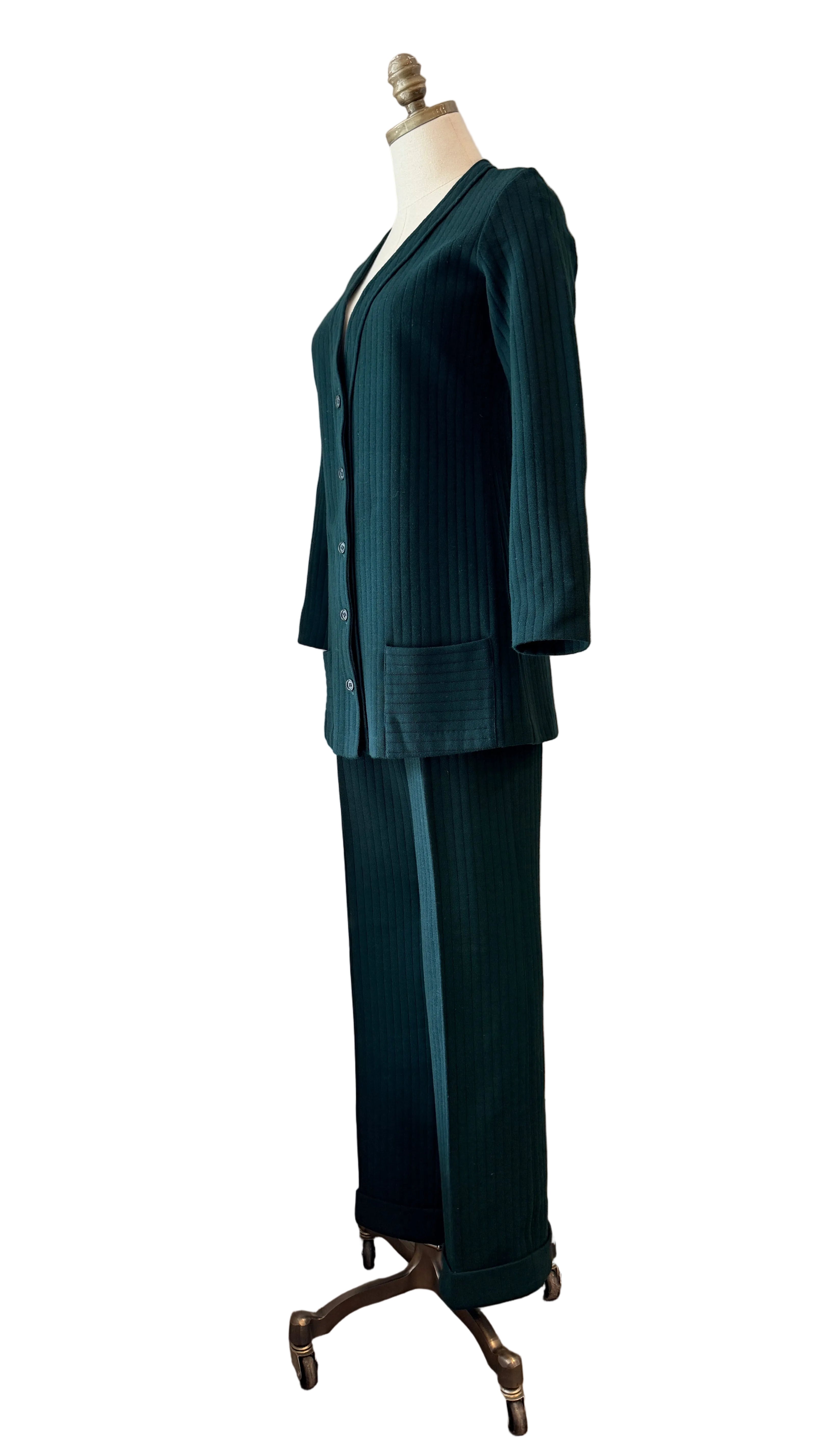1960s Made in France for Saks Fifth Avenue Green Ribbed Wool Pant Suit