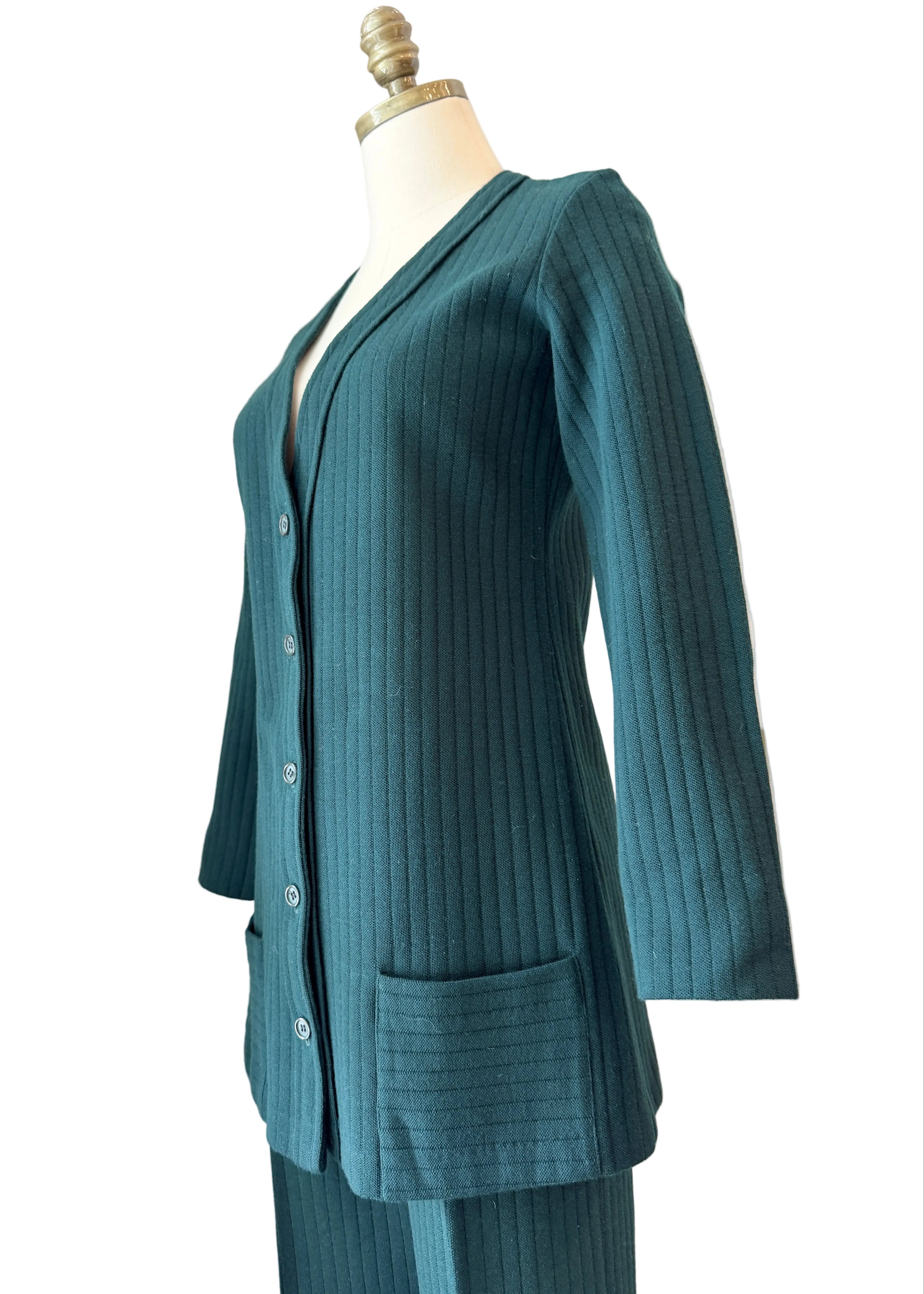 1960s Made in France for Saks Fifth Avenue Green Ribbed Wool Pant Suit