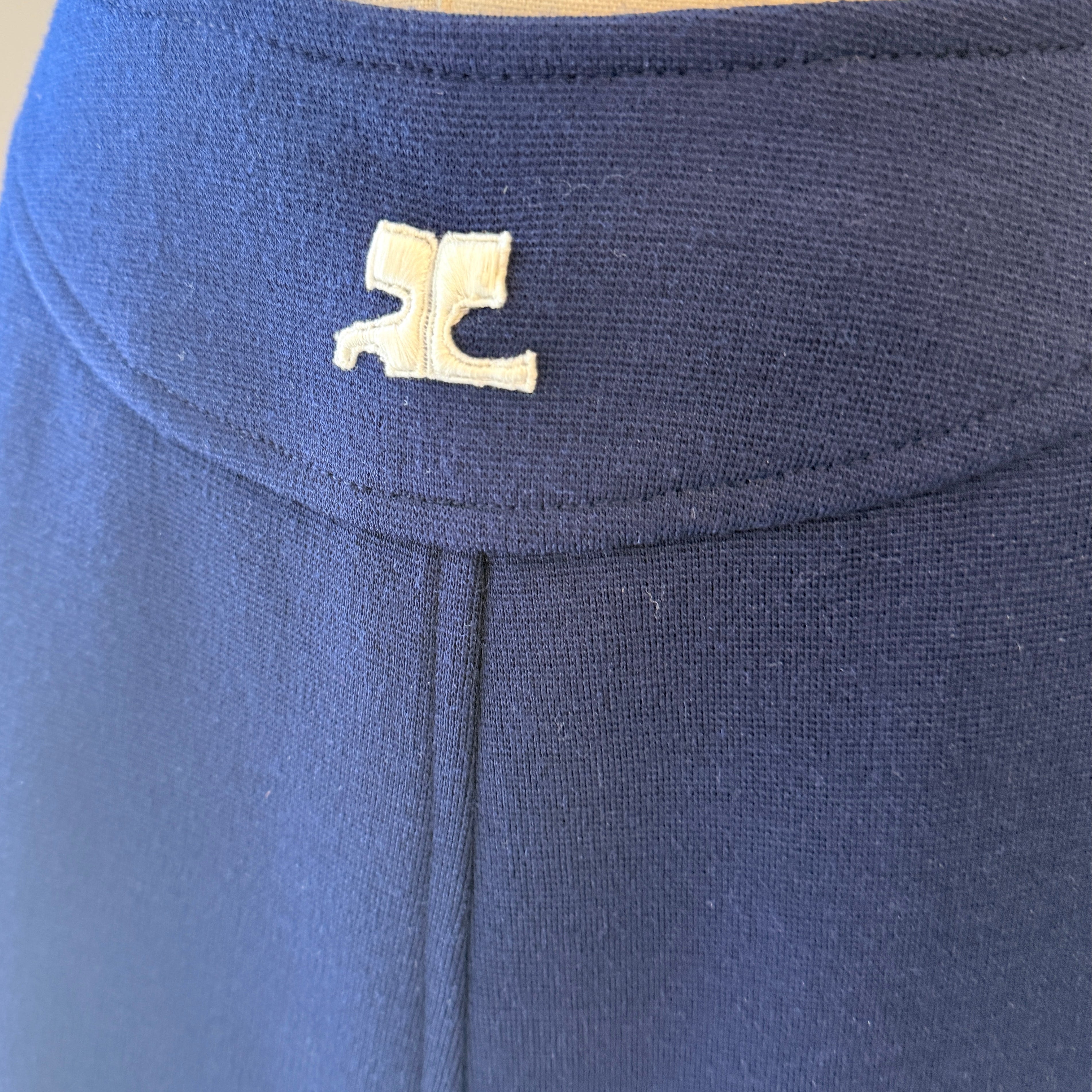 1960s Courrèges Navy Wool Wrap Skirt with White Buckle & Embroidered Logo Waistband