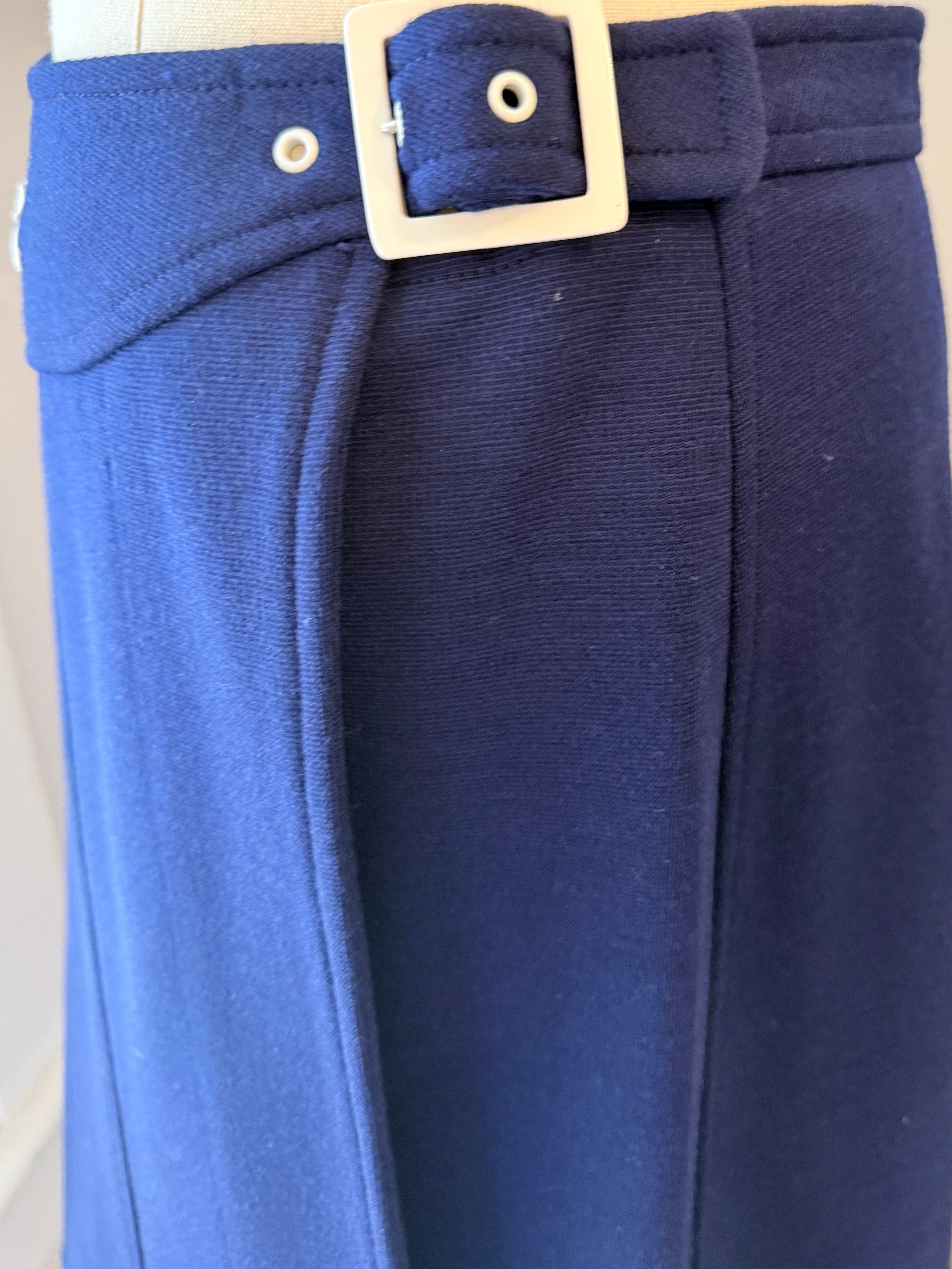 1960s Courrèges Navy Wool Wrap Skirt with White Buckle & Embroidered Logo Waistband