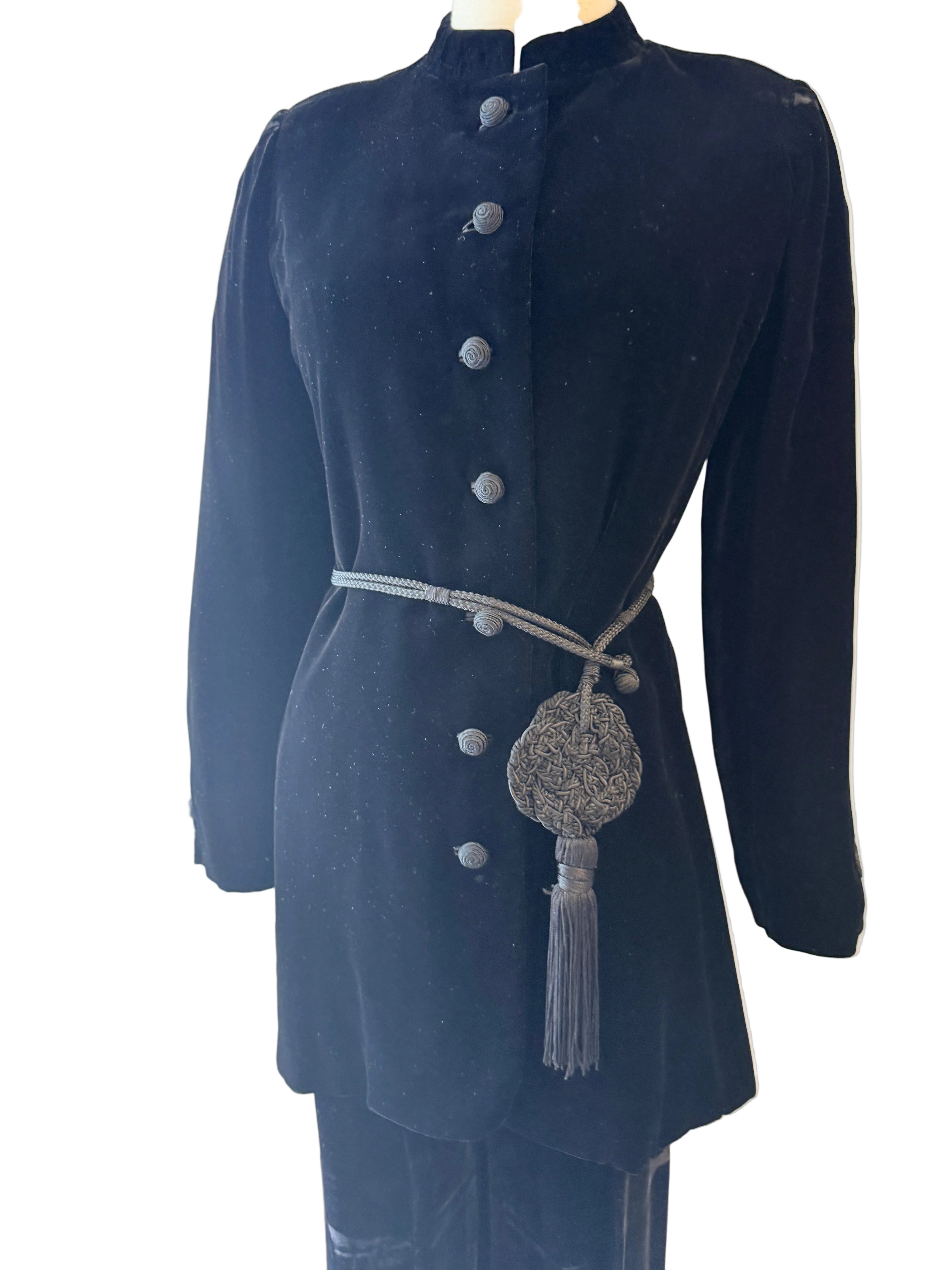 1970s Yves Saint Laurent Black Velvet Two-Piece Ensemble with Rope Knot Belt