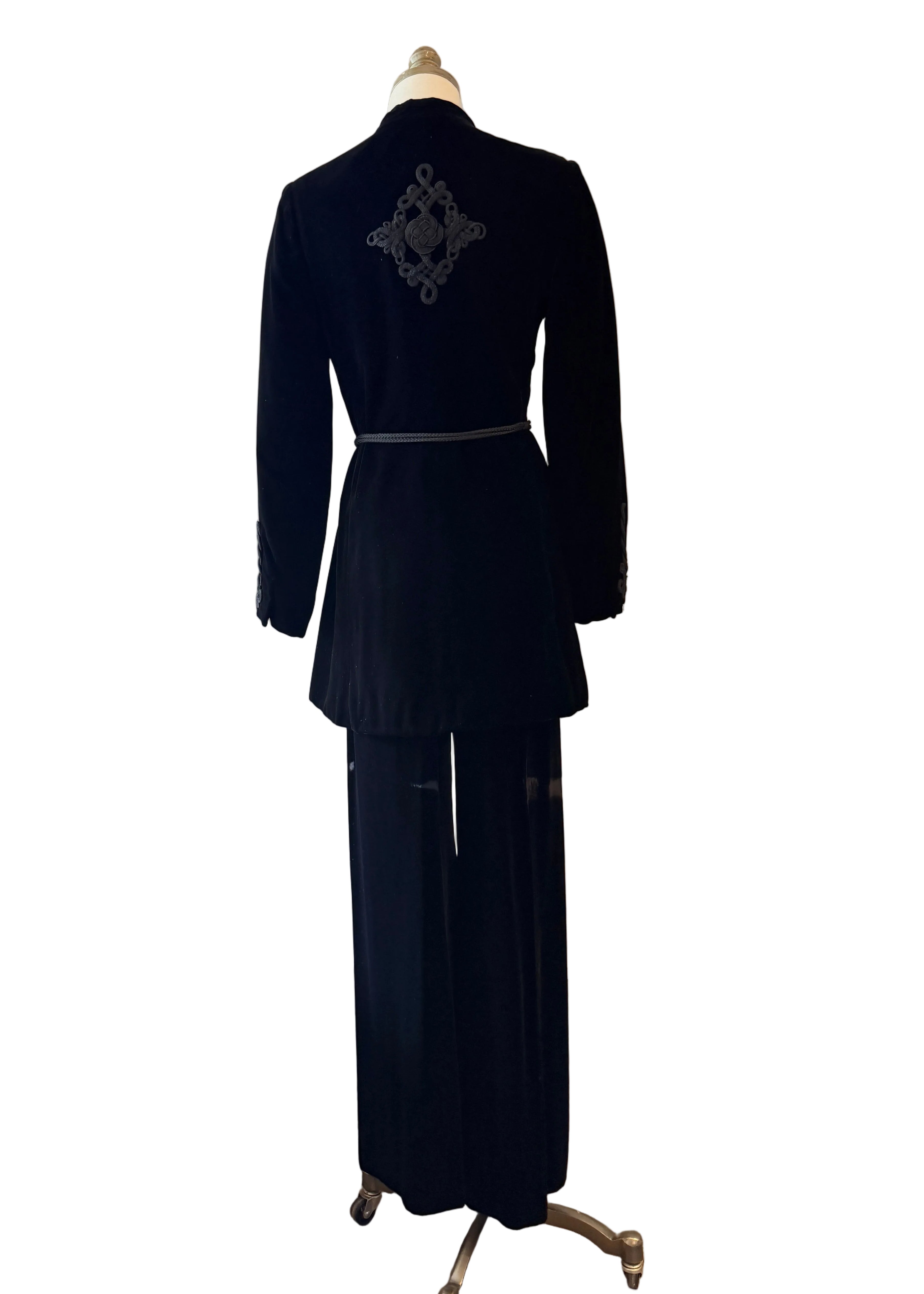 1970s Yves Saint Laurent Black Velvet Two-Piece Ensemble with Rope Knot Belt
