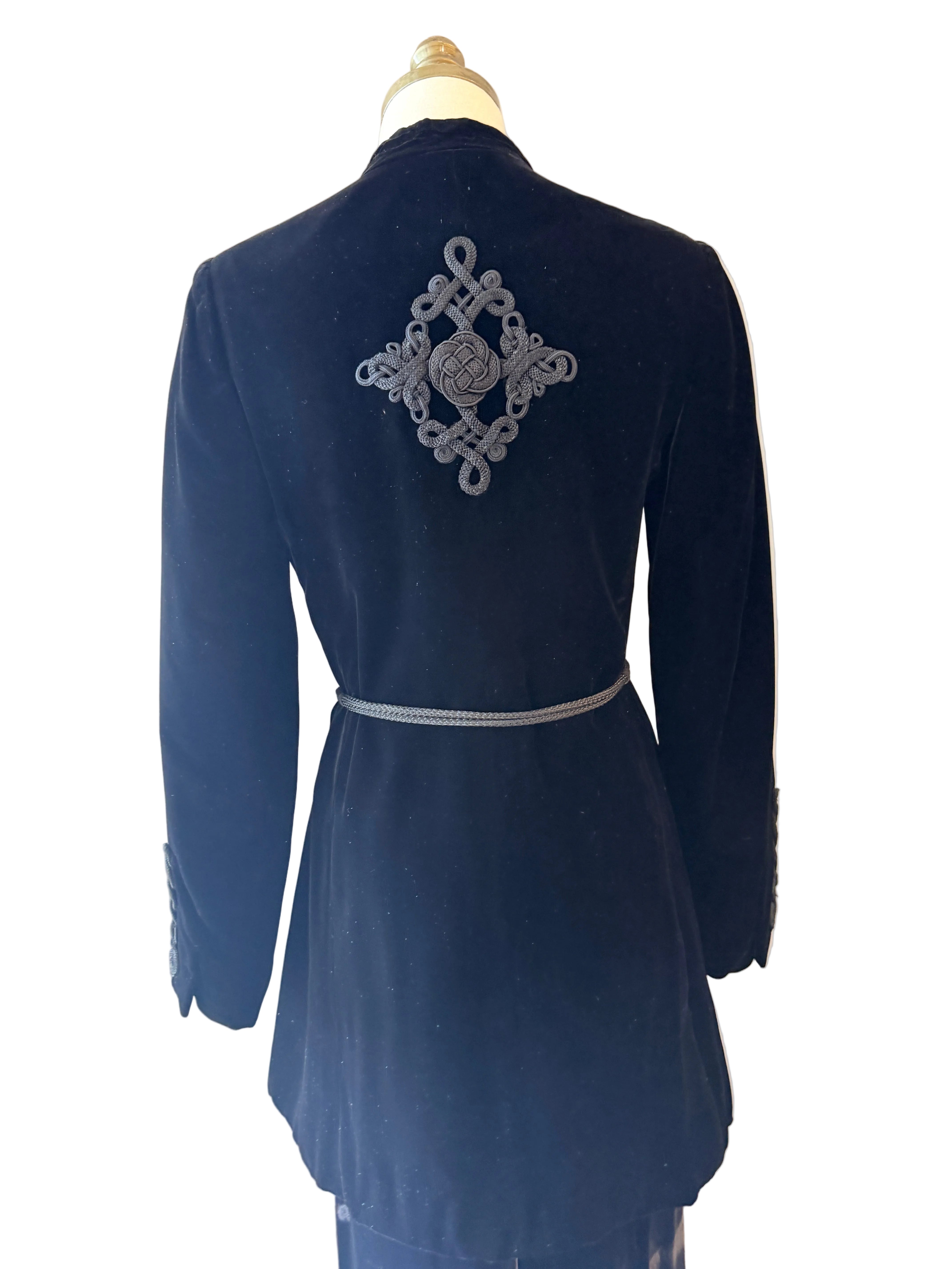 1970s Yves Saint Laurent Black Velvet Two-Piece Ensemble with Rope Knot Belt