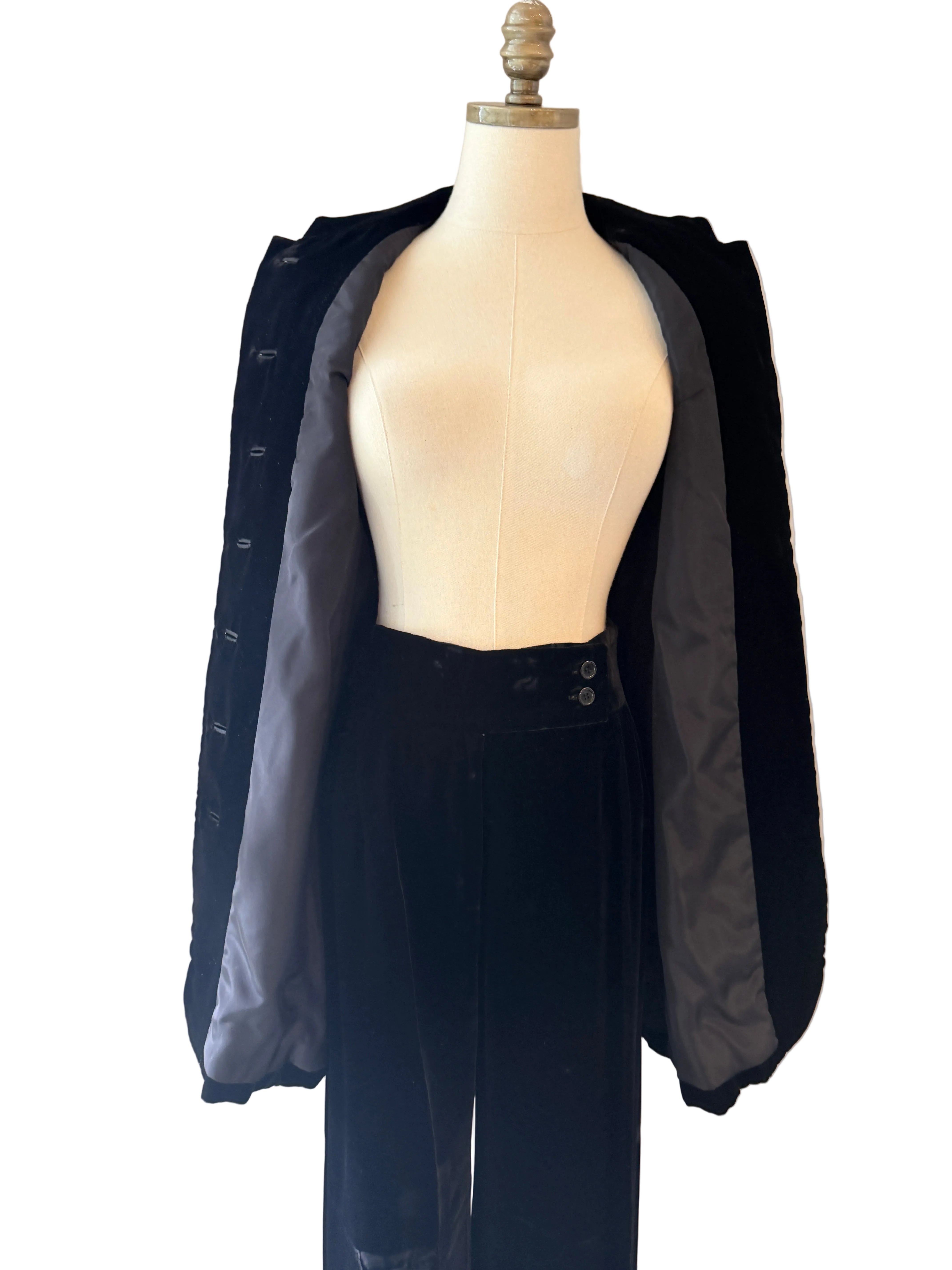 1970s Yves Saint Laurent Black Velvet Two-Piece Ensemble with Rope Knot Belt