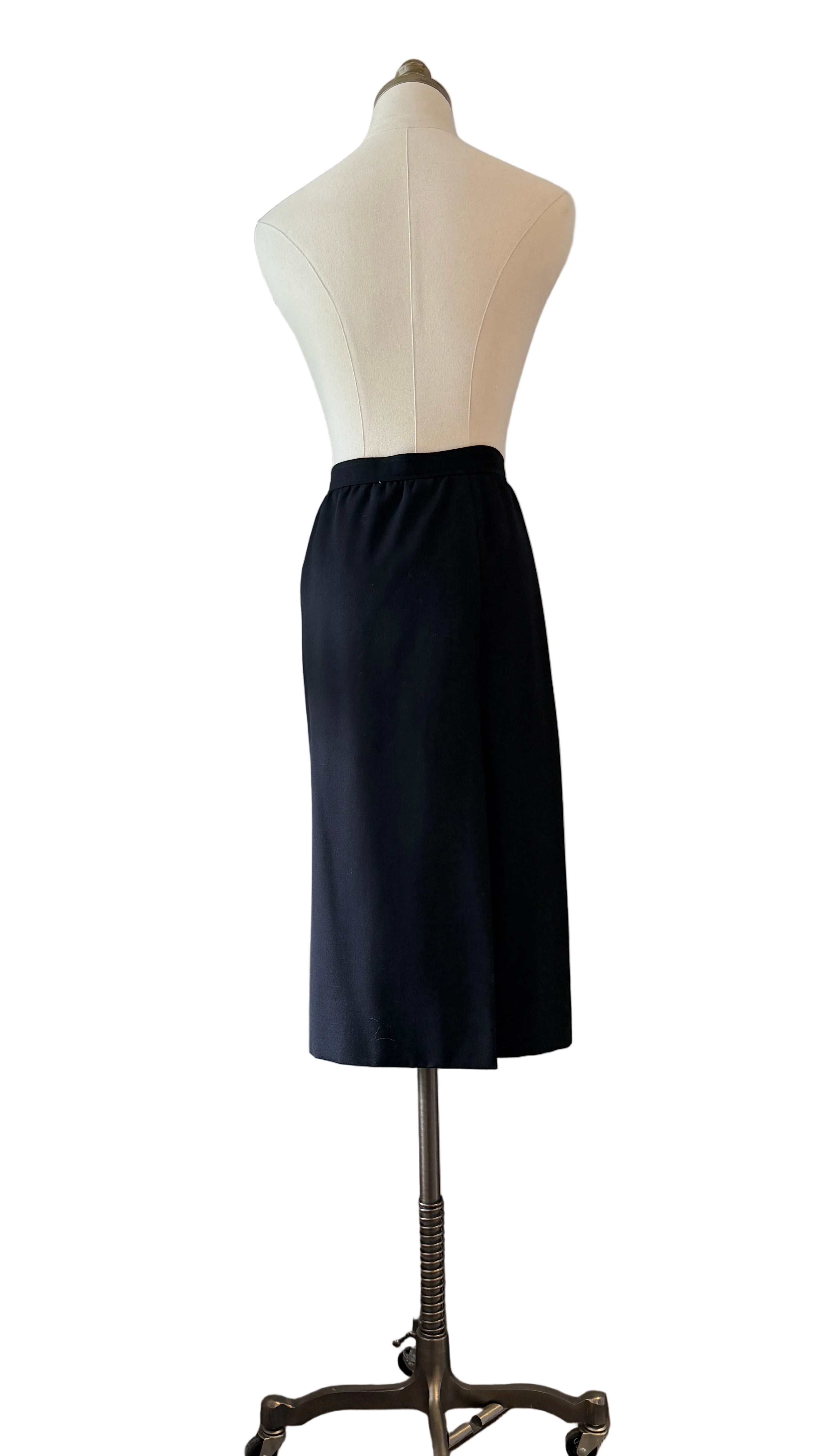 1970s Yves Saint Laurent Black Two-Piece Skirt Suit with Velvet Collar & Rhinestone Buttons