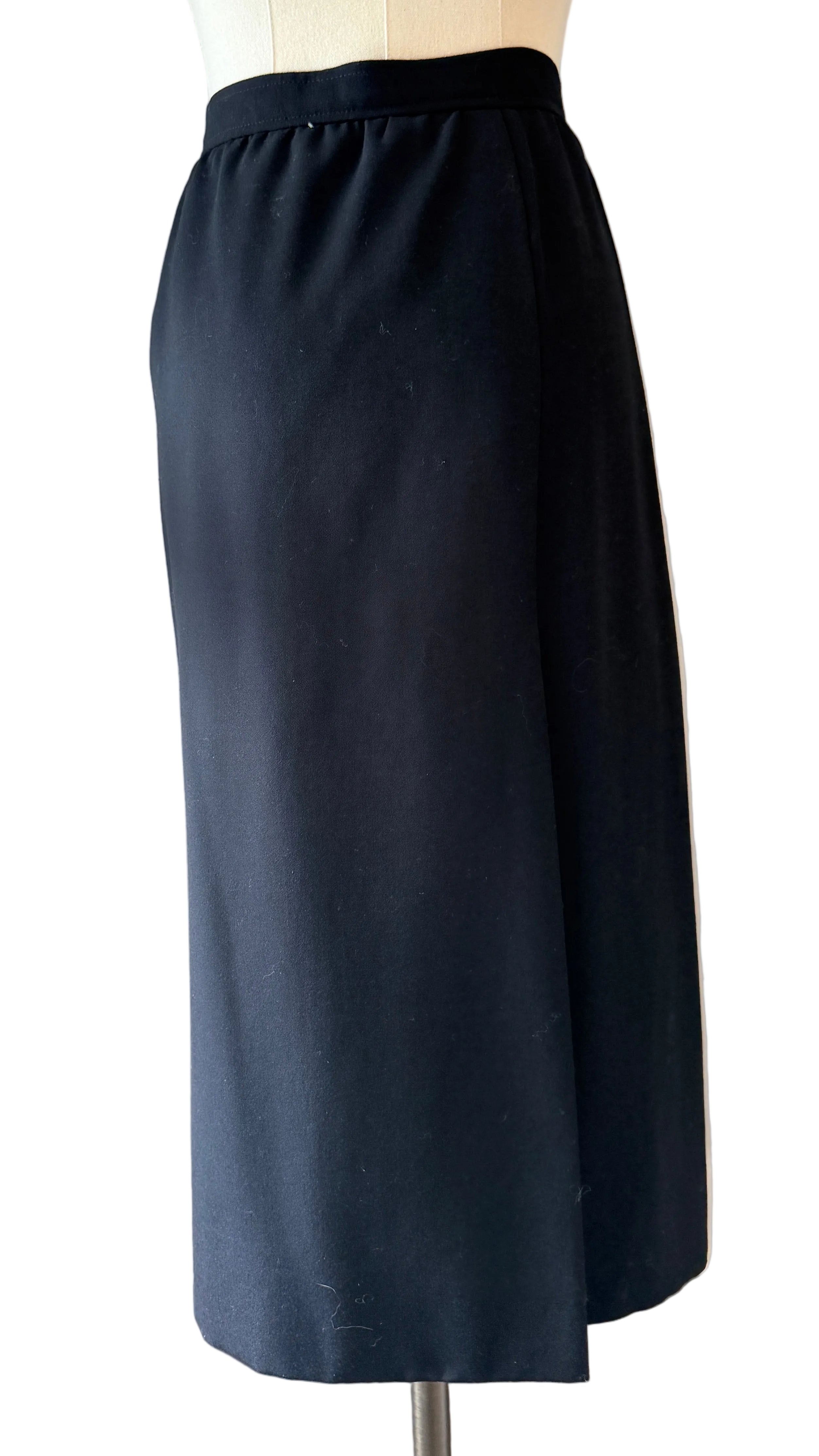 1970s Yves Saint Laurent Black Two-Piece Skirt Suit with Velvet Collar & Rhinestone Buttons