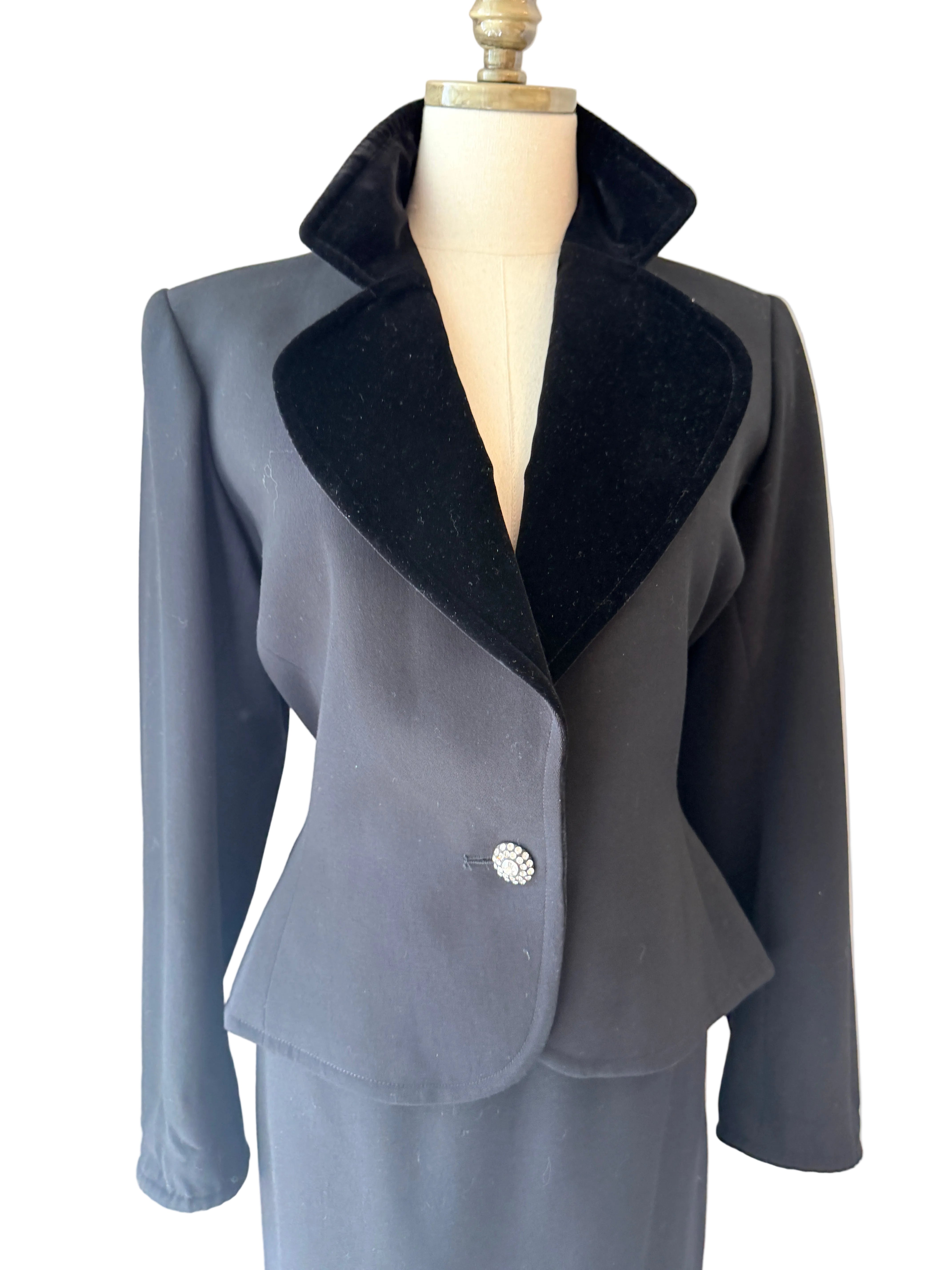 1970s Yves Saint Laurent Black Two-Piece Skirt Suit with Velvet Collar & Rhinestone Buttons