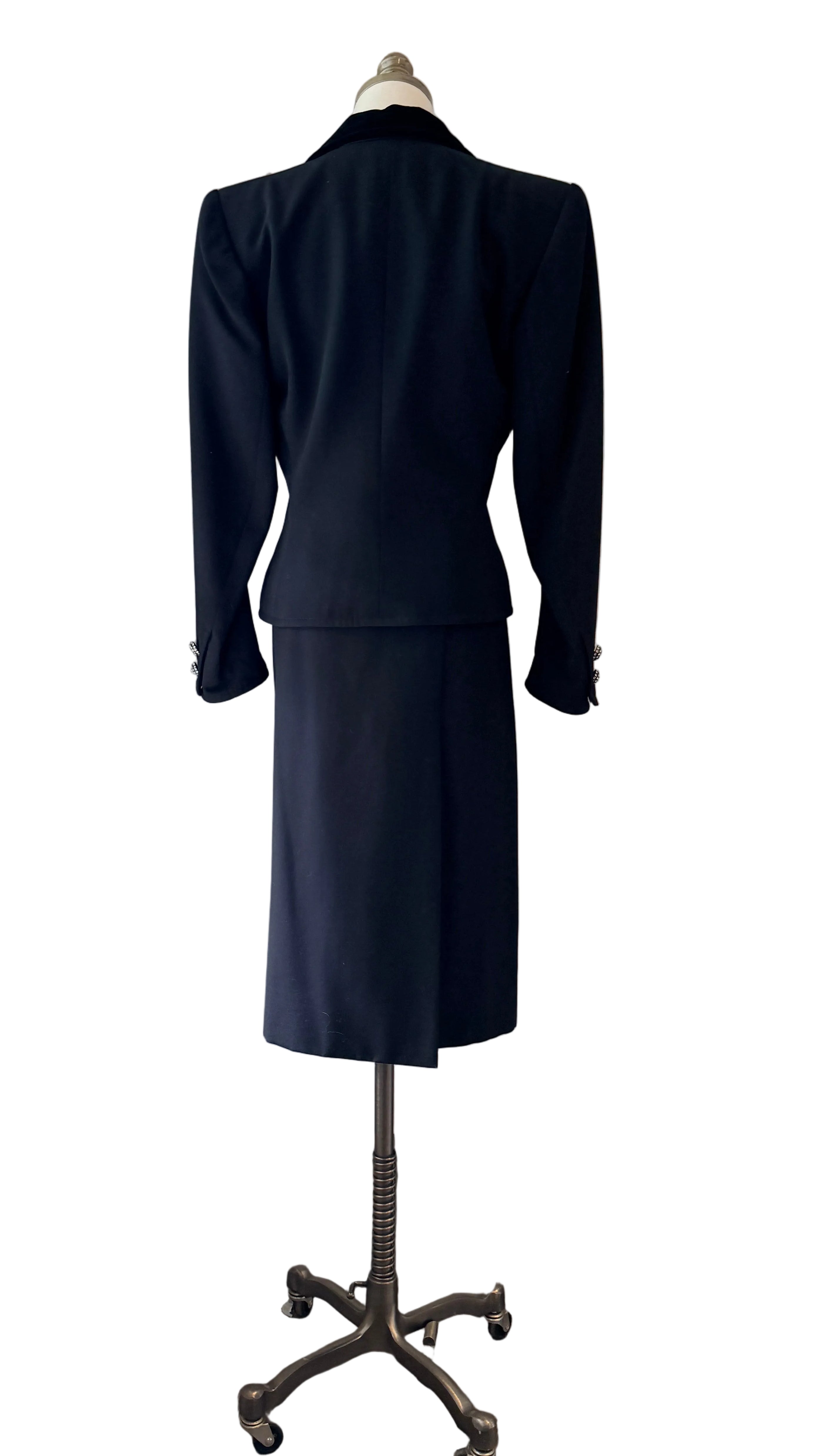 1970s Yves Saint Laurent Black Two-Piece Skirt Suit with Velvet Collar & Rhinestone Buttons