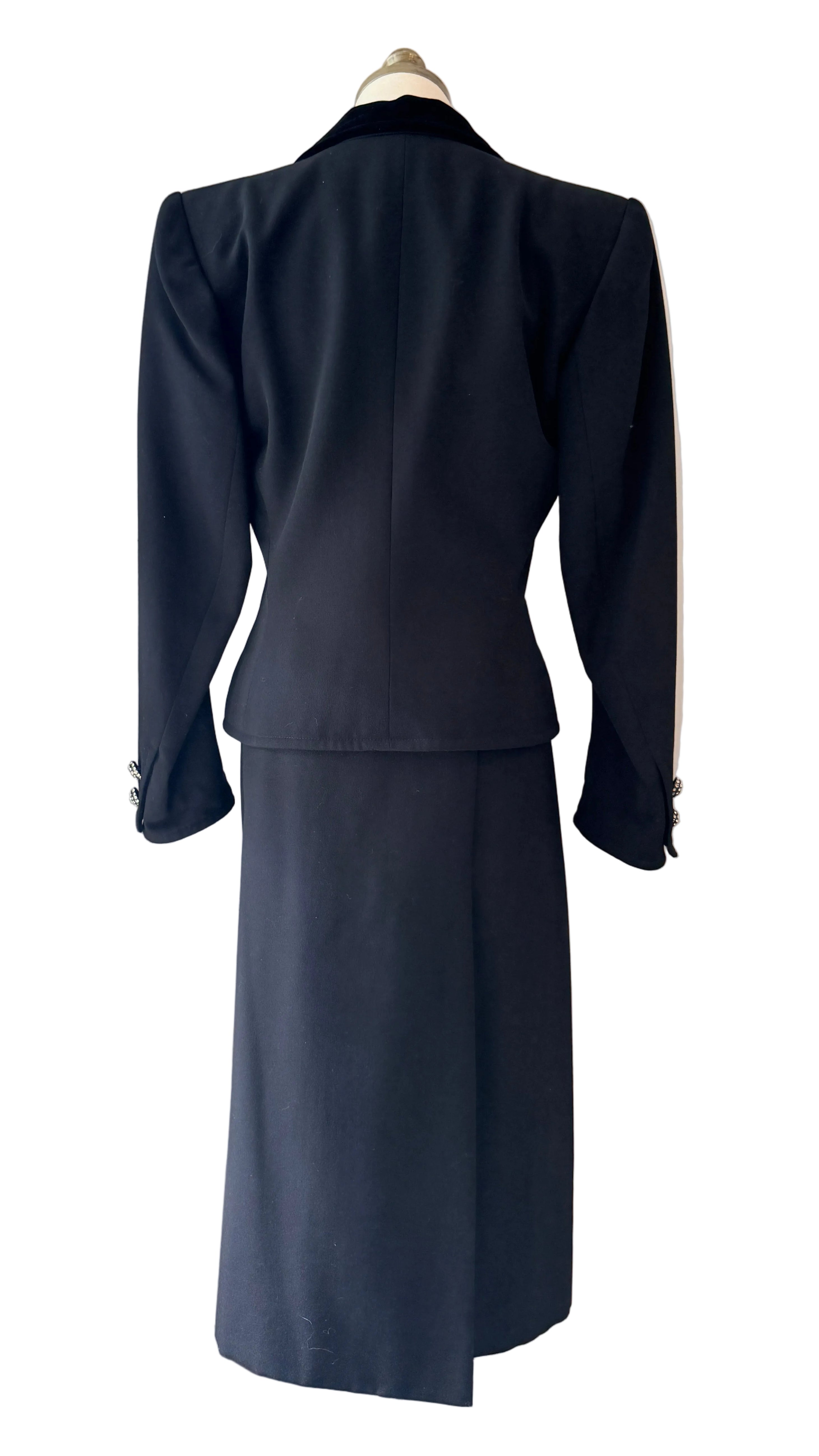 1970s Yves Saint Laurent Black Two-Piece Skirt Suit with Velvet Collar & Rhinestone Buttons