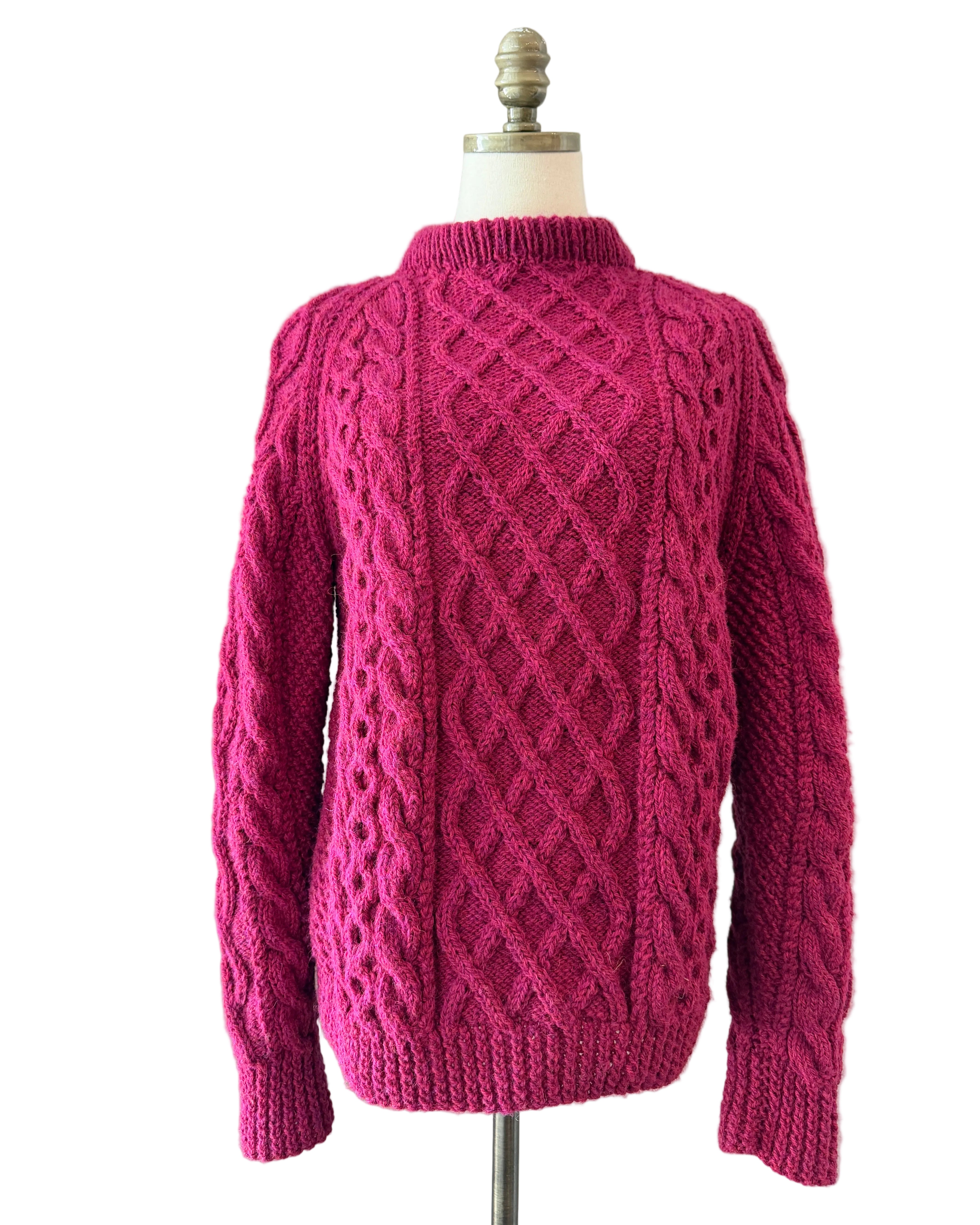 1970s Cleo Ltd. Dublin Magenta Fisherman Sweater, Beret & Scarf Set (3-Piece)