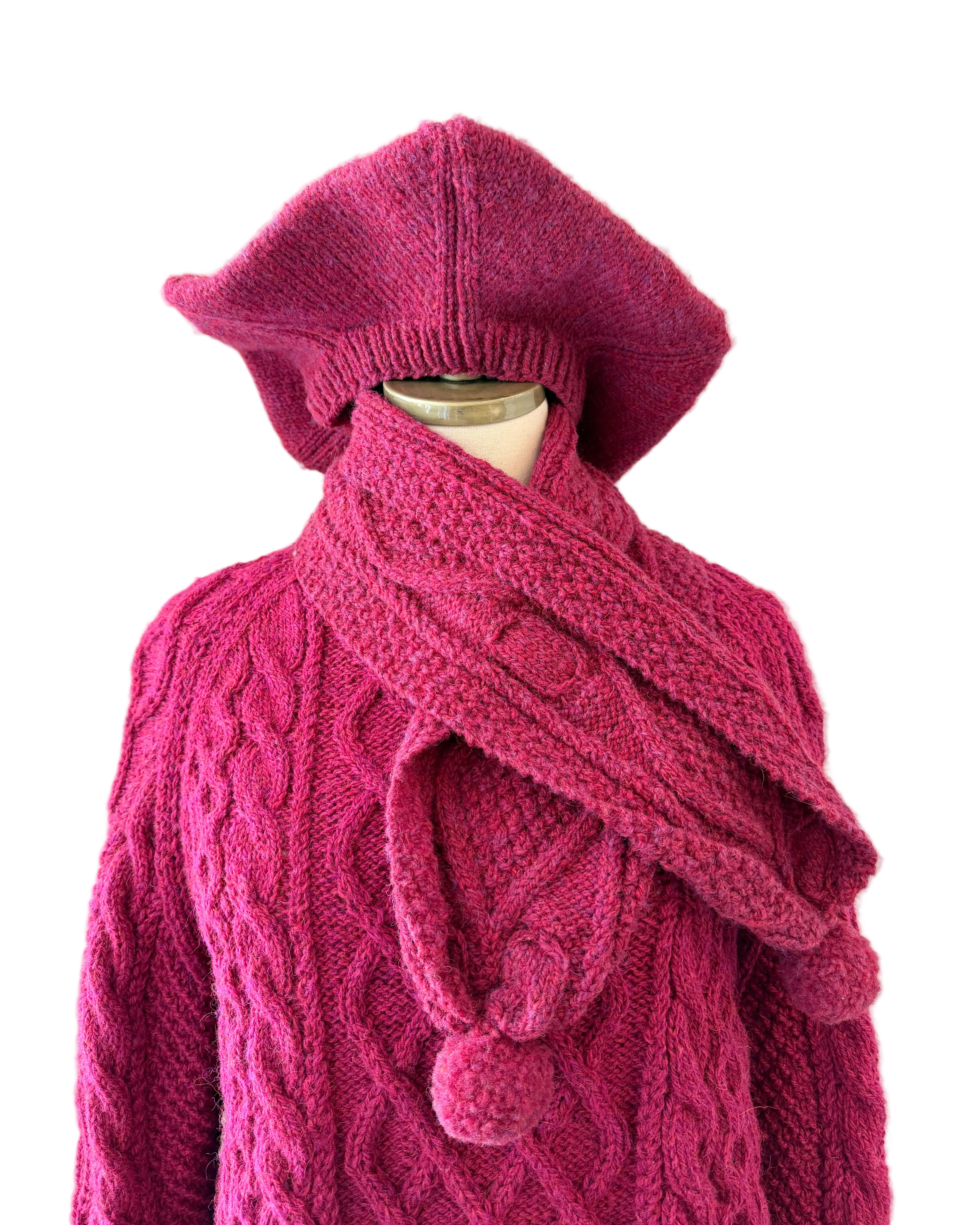 1970s Cleo Ltd. Dublin Magenta Fisherman Sweater, Beret & Scarf Set (3-Piece)