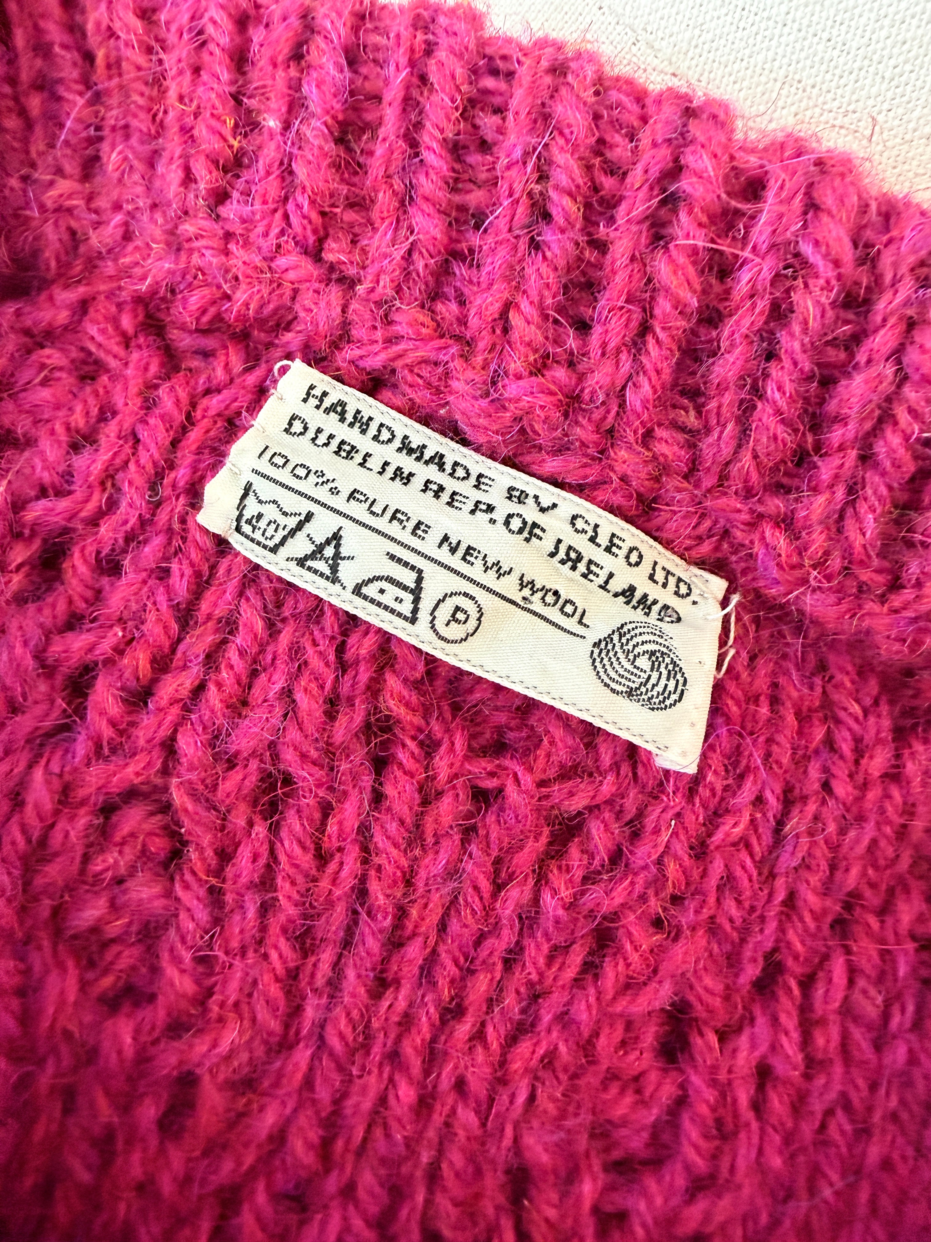 1970s Cleo Ltd. Dublin Magenta Fisherman Sweater, Beret & Scarf Set (3-Piece)