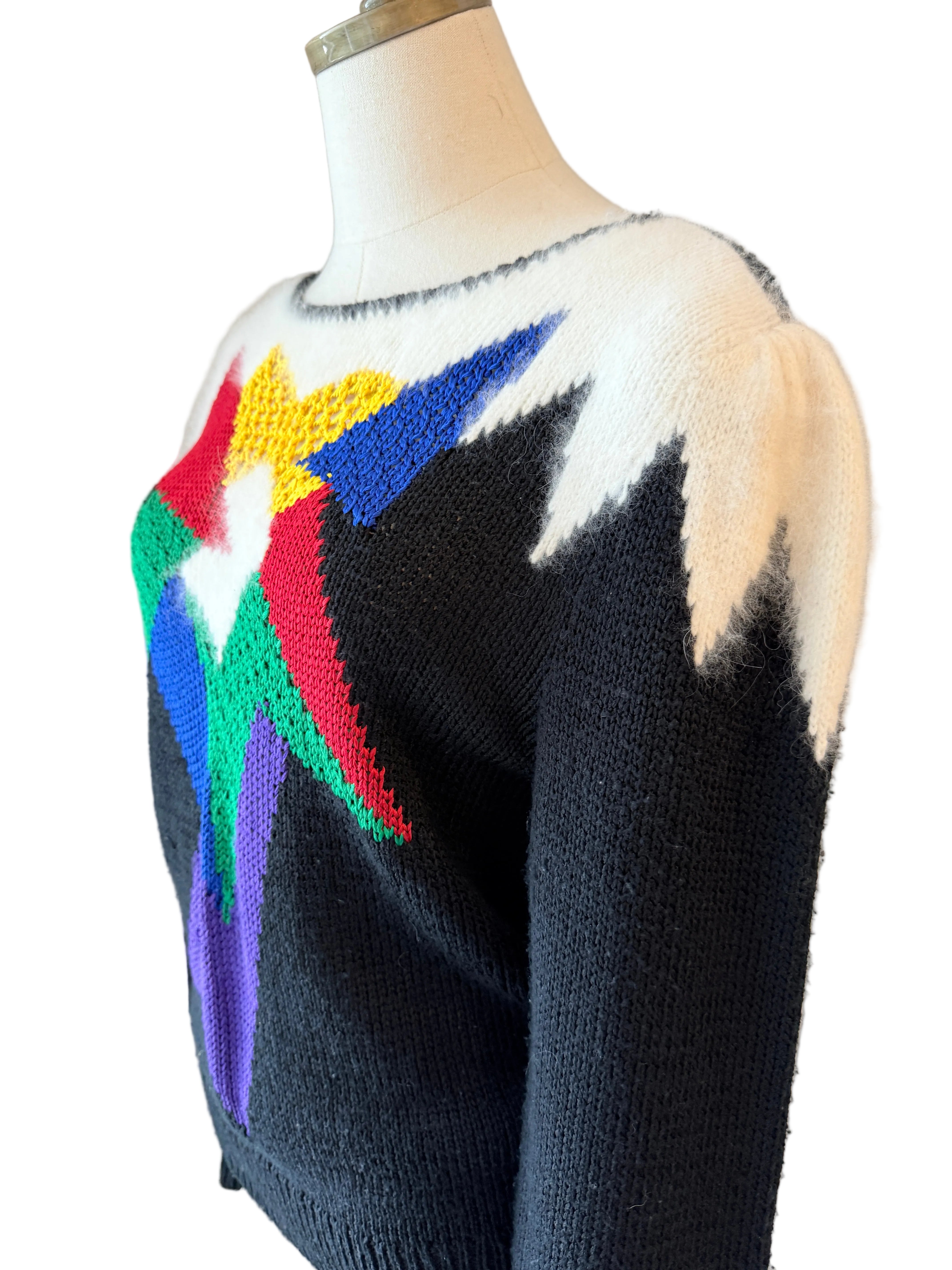 1980s Alexandria Black Sweater with Angora Shoulders & Primary Color Front Design