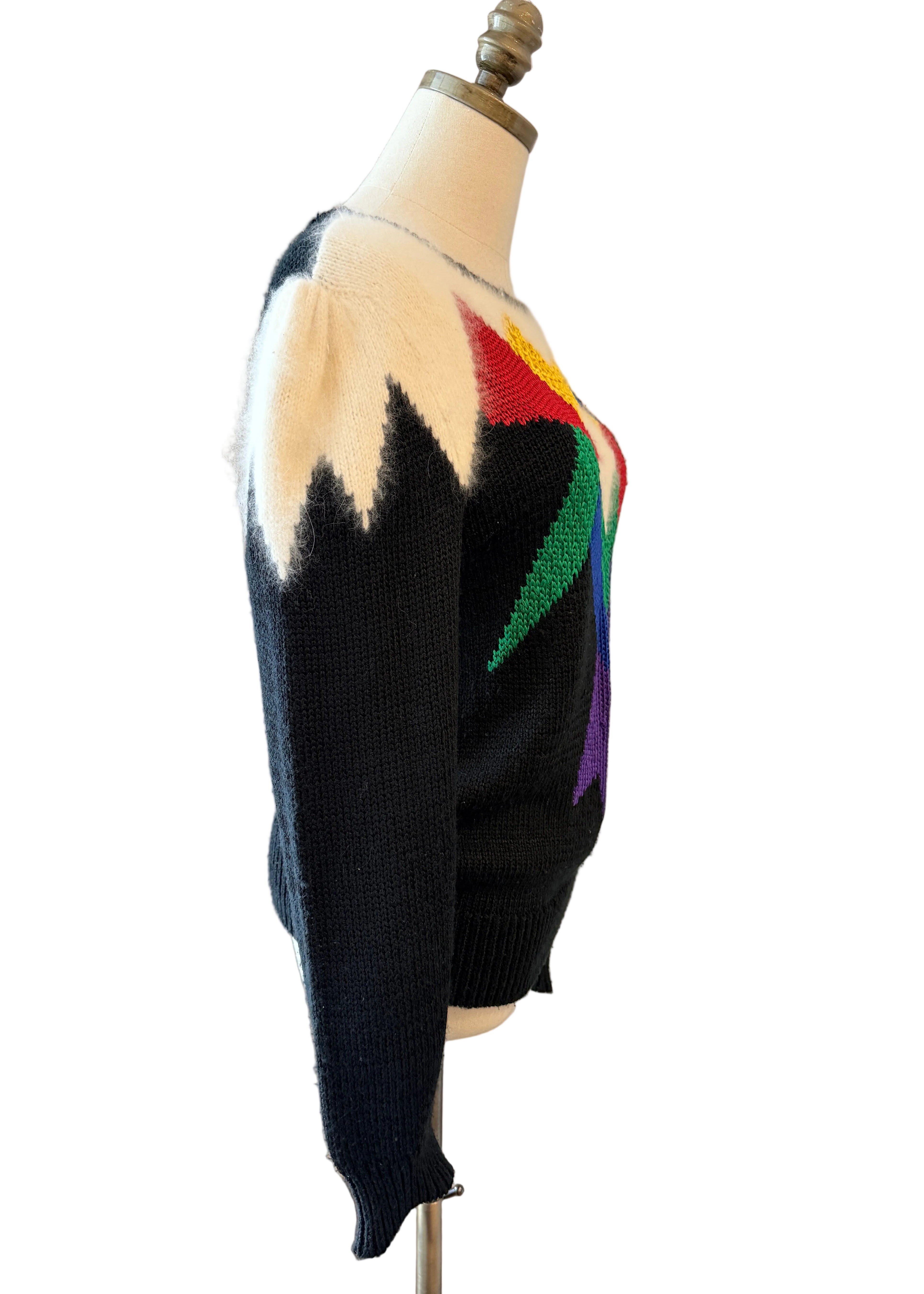 1980s Alexandria Black Sweater with Angora Shoulders & Primary Color Front Design