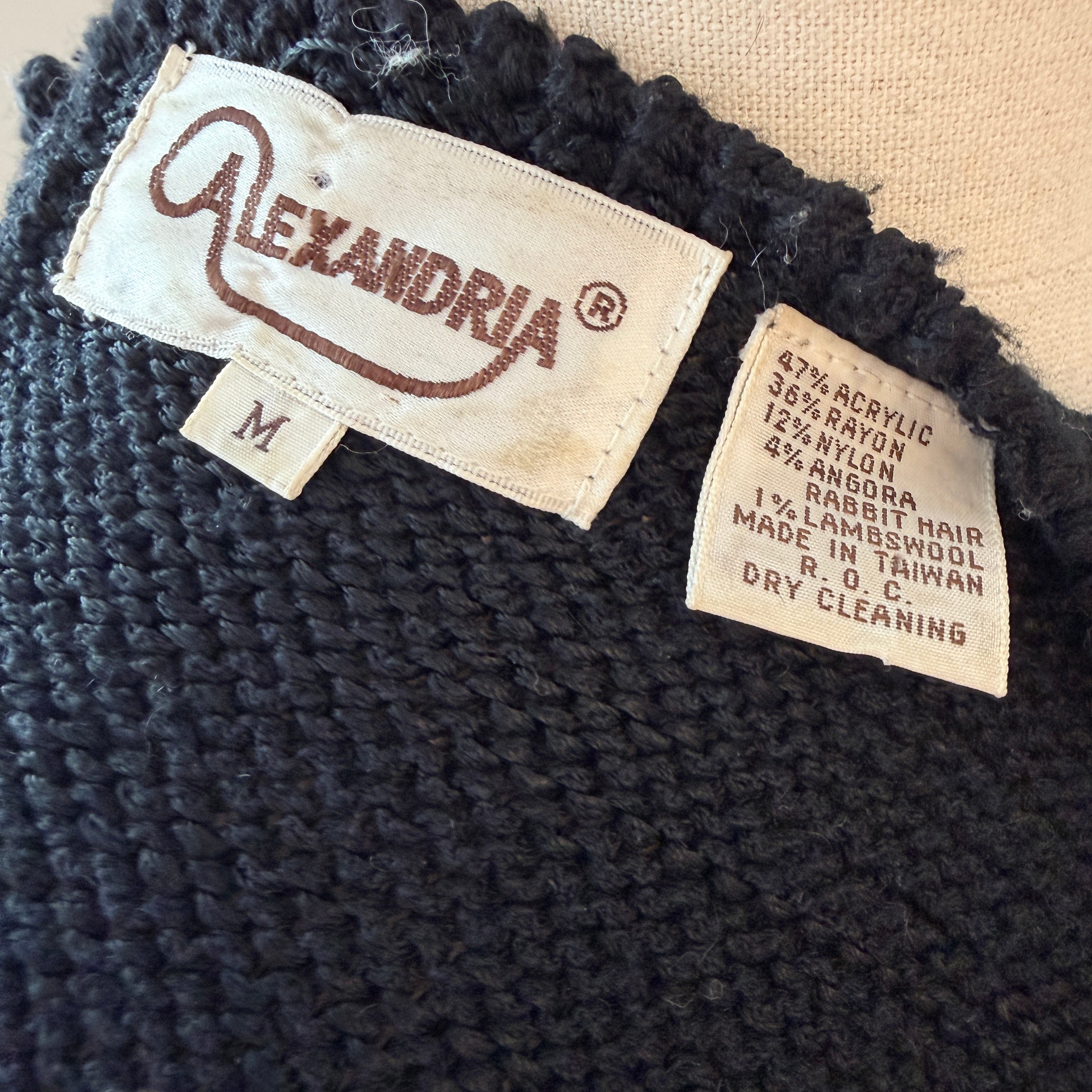 1980s Alexandria Black Sweater with Angora Shoulders & Primary Color Front Design