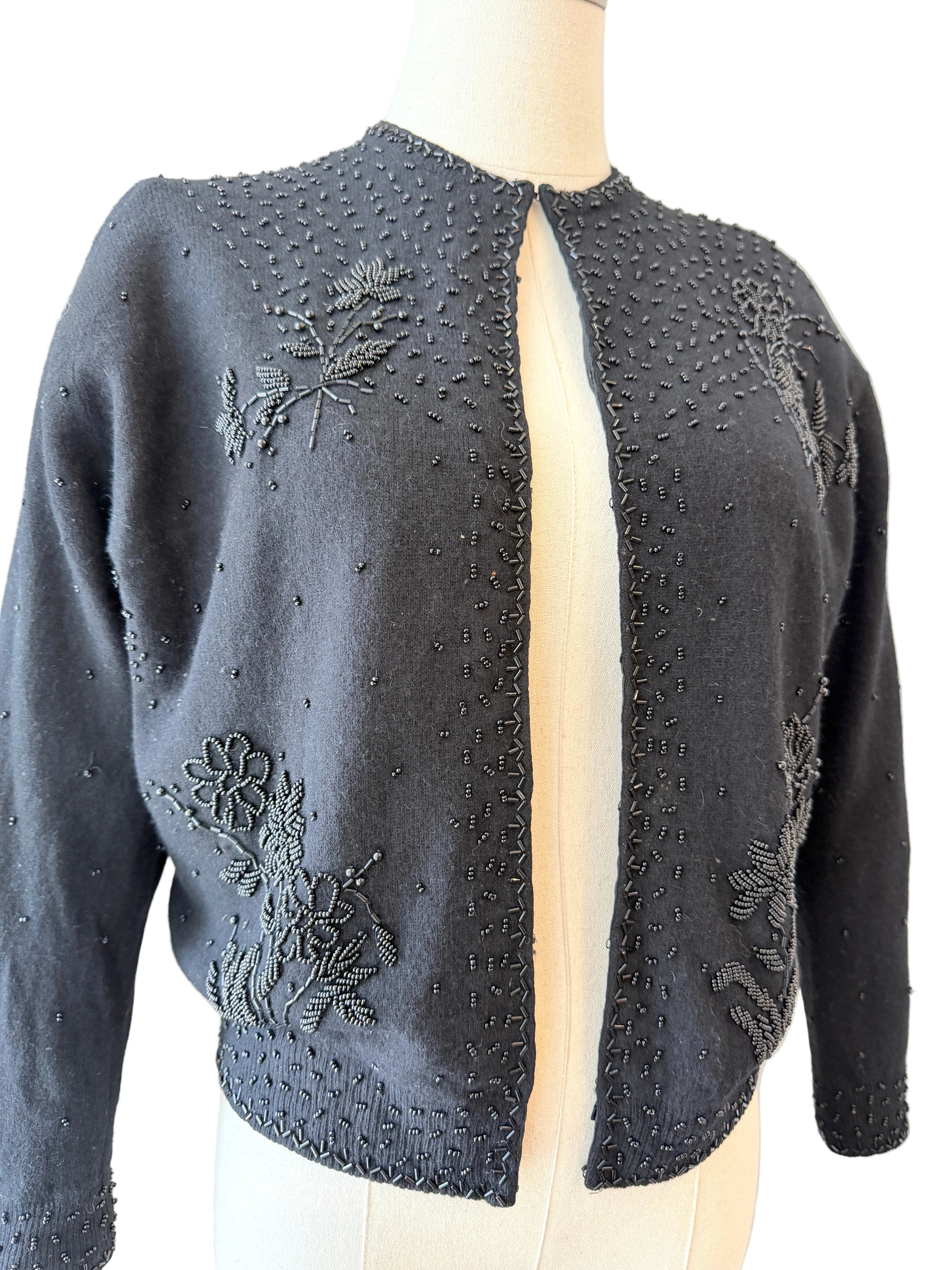 1950s Black Wool Cardigan with Beaded Embellishments