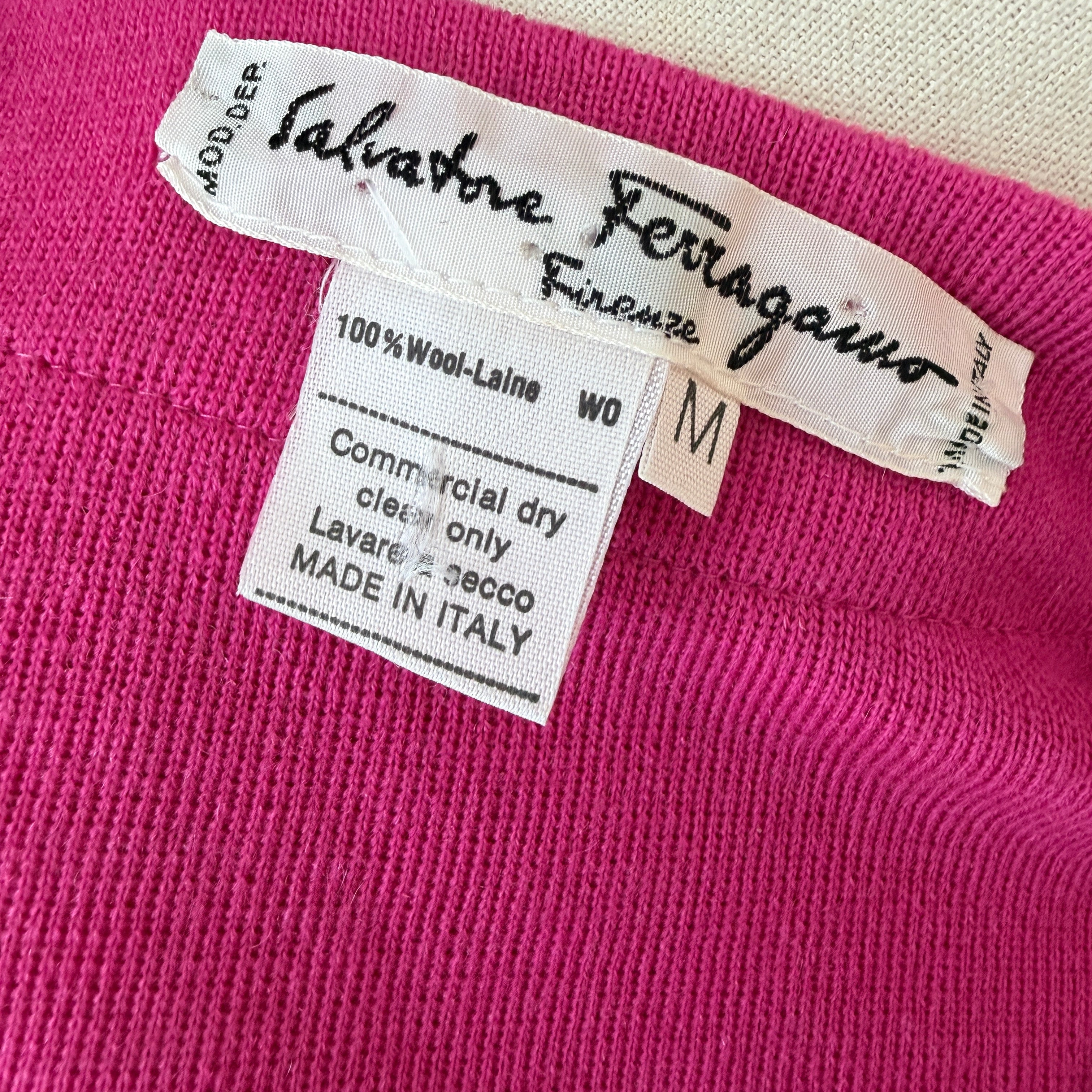 1980s Salvatore Ferragamo Fuchsia Cardigan Sweater with Grosgrain Trim & Double Gancini Buttons