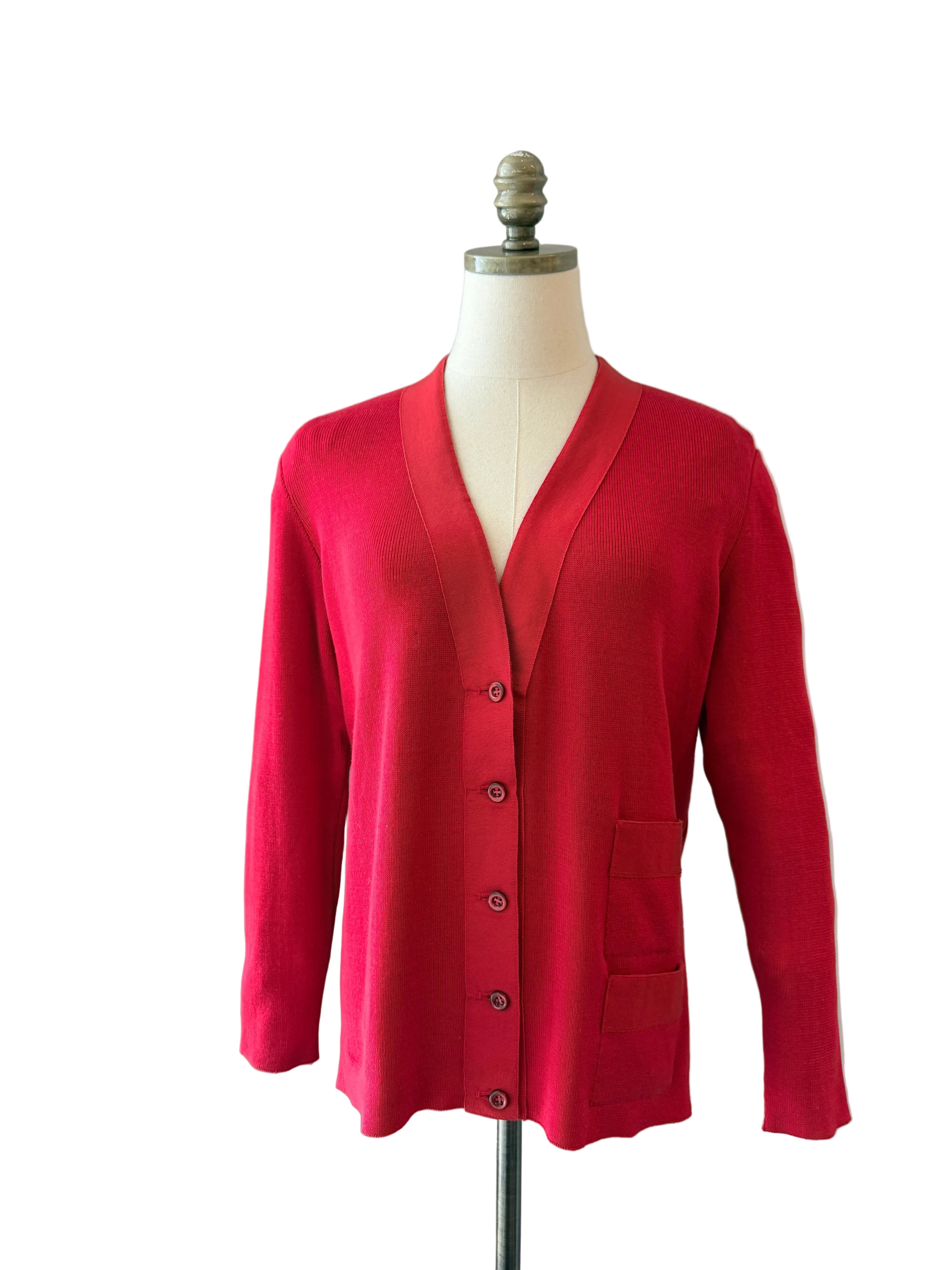 1970s Salvatore Ferragamo Red Cardigan Sweater with Grosgrain Trim