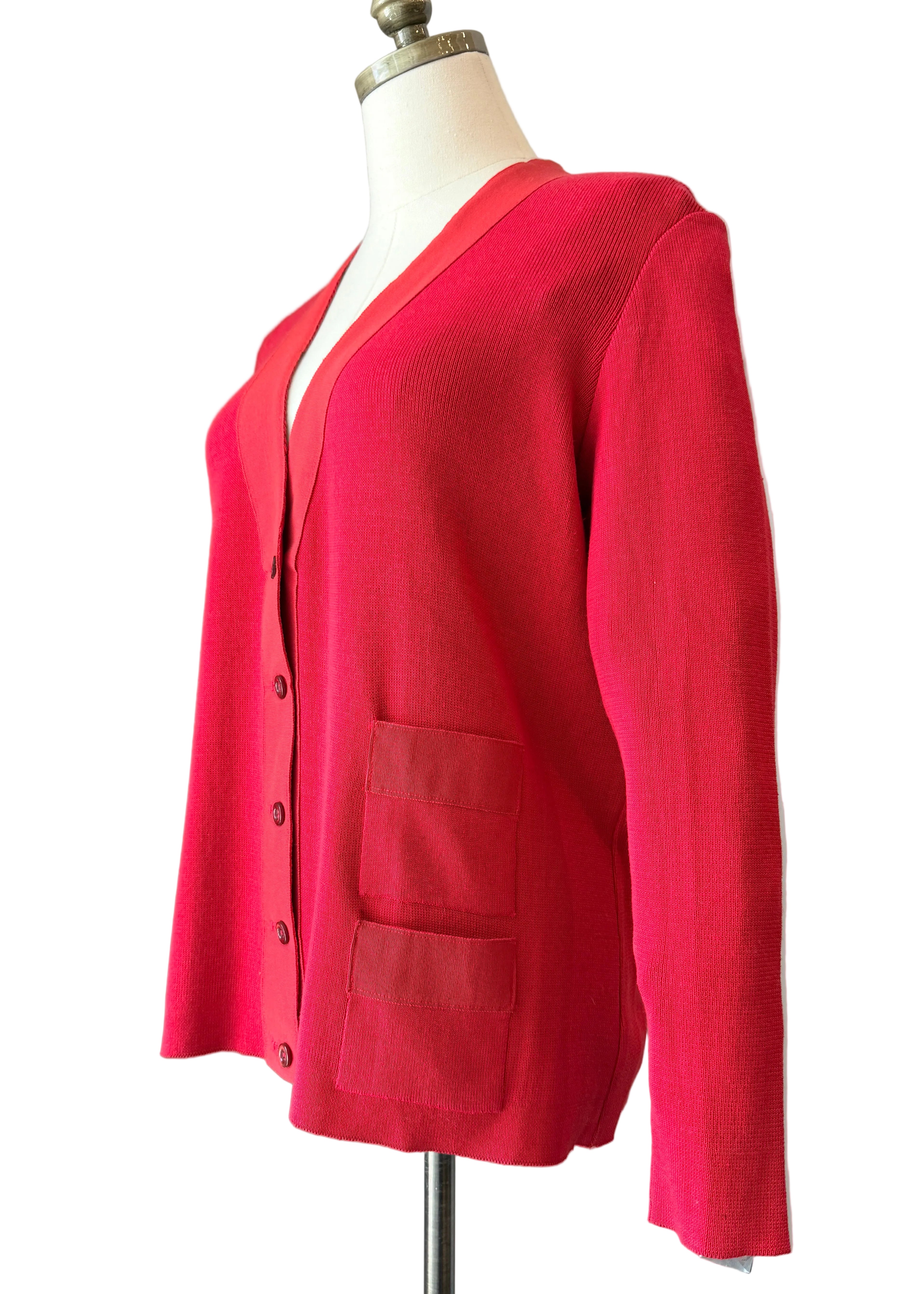 1970s Salvatore Ferragamo Red Cardigan Sweater with Grosgrain Trim