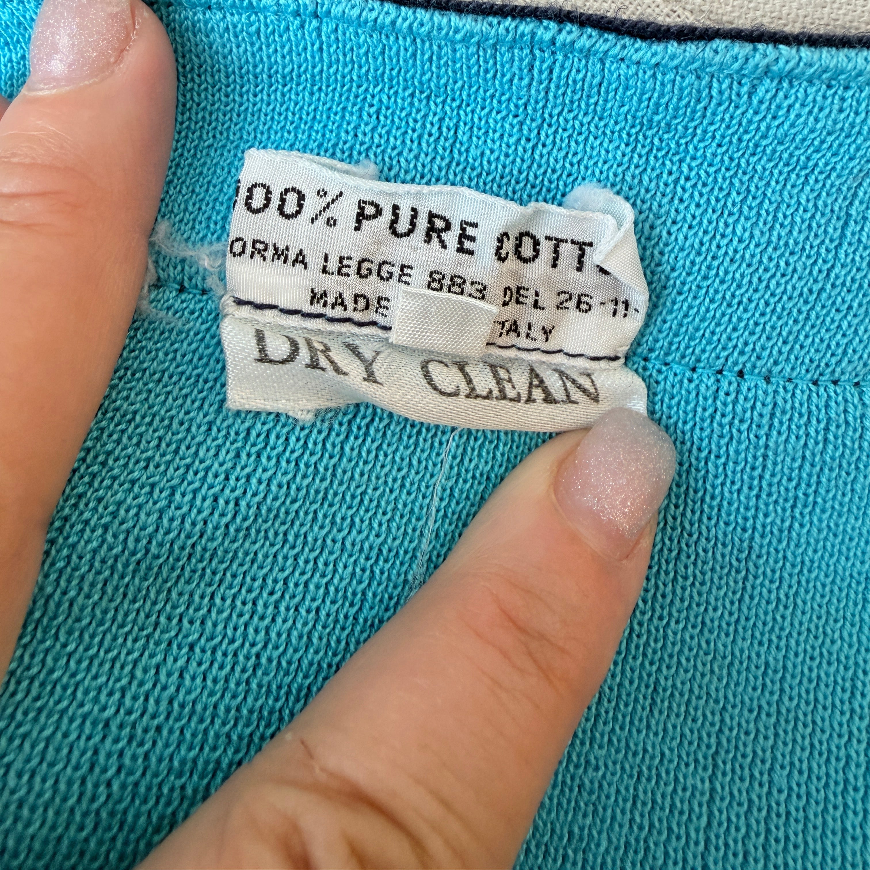1970s Salvatore Ferragamo Teal Cotton Cardigan with Grosgrain V-Neck Detail
