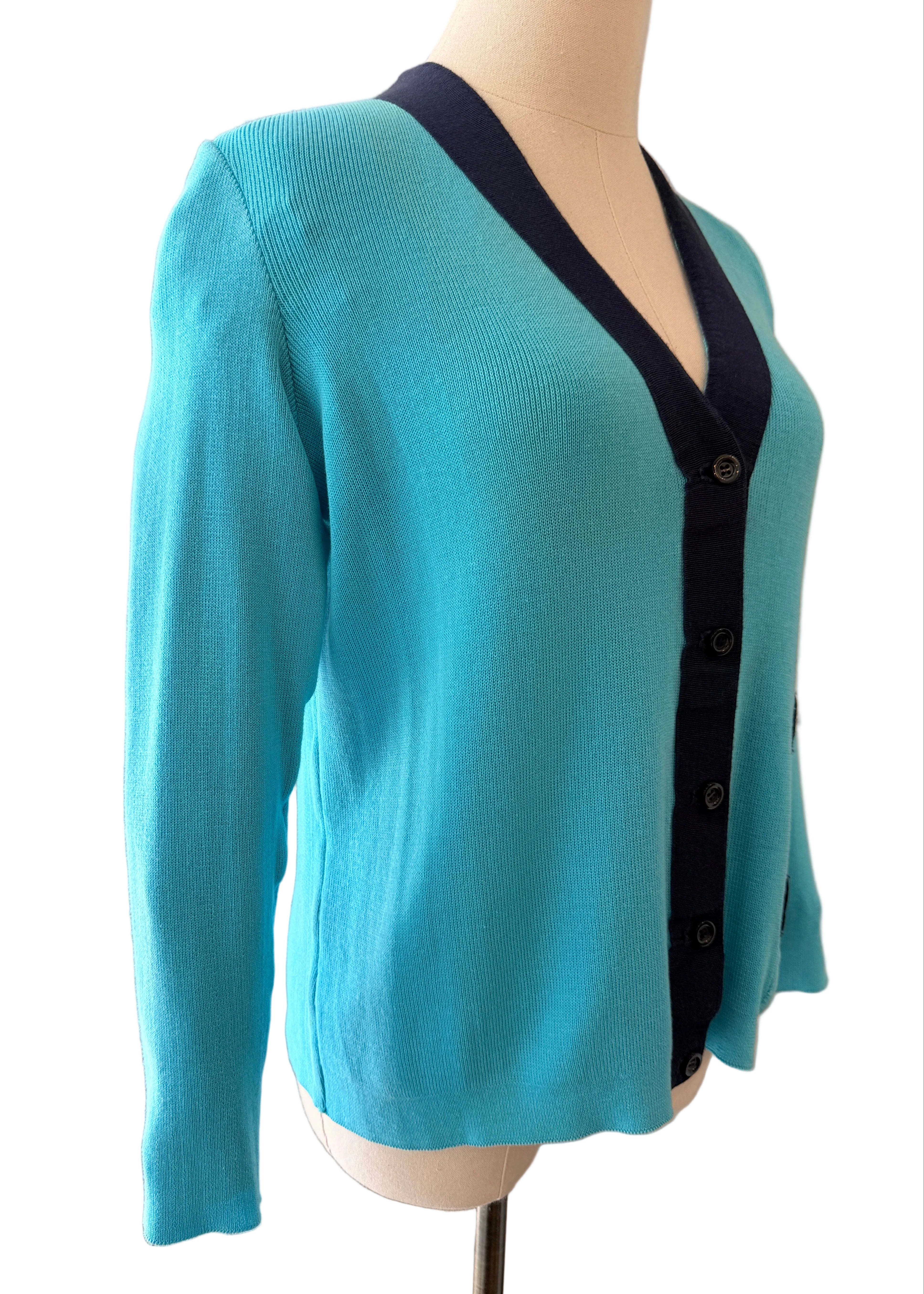 1970s Salvatore Ferragamo Teal Cotton Cardigan with Grosgrain V-Neck Detail