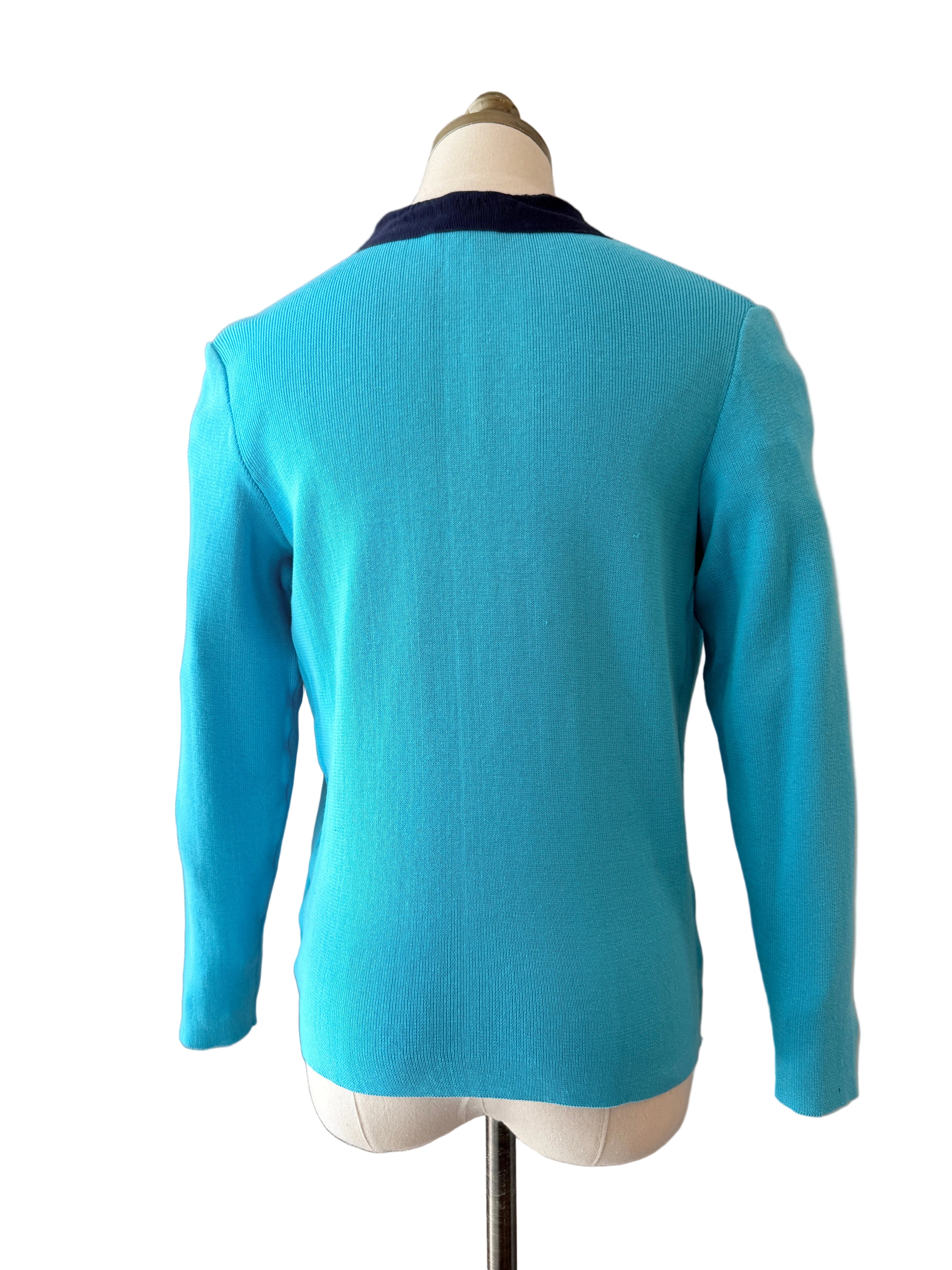 1970s Salvatore Ferragamo Teal Cotton Cardigan with Grosgrain V-Neck Detail