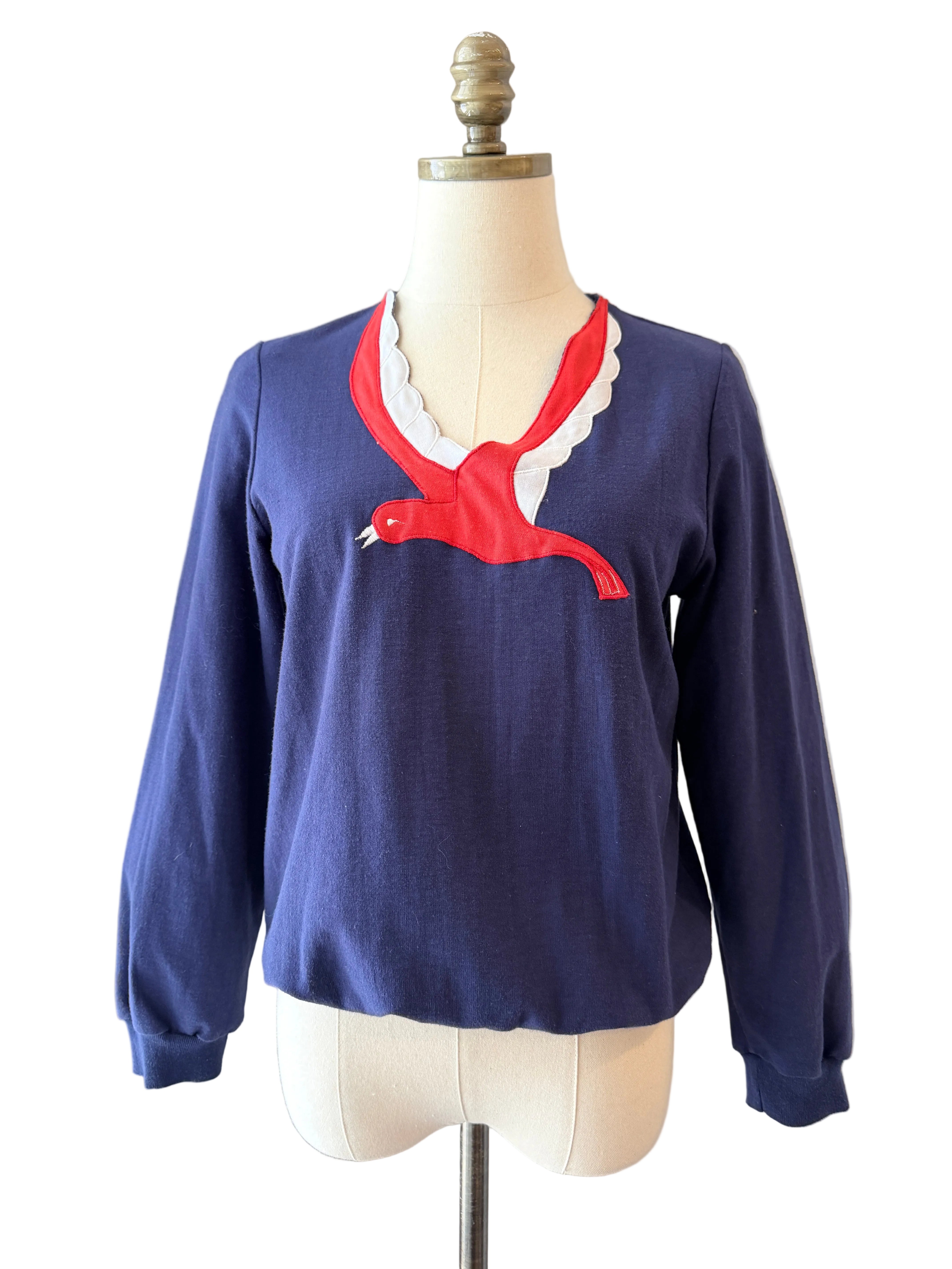 1970s Jordana Navy Sweatshirt with Red Bird Appliqué & V-Neck