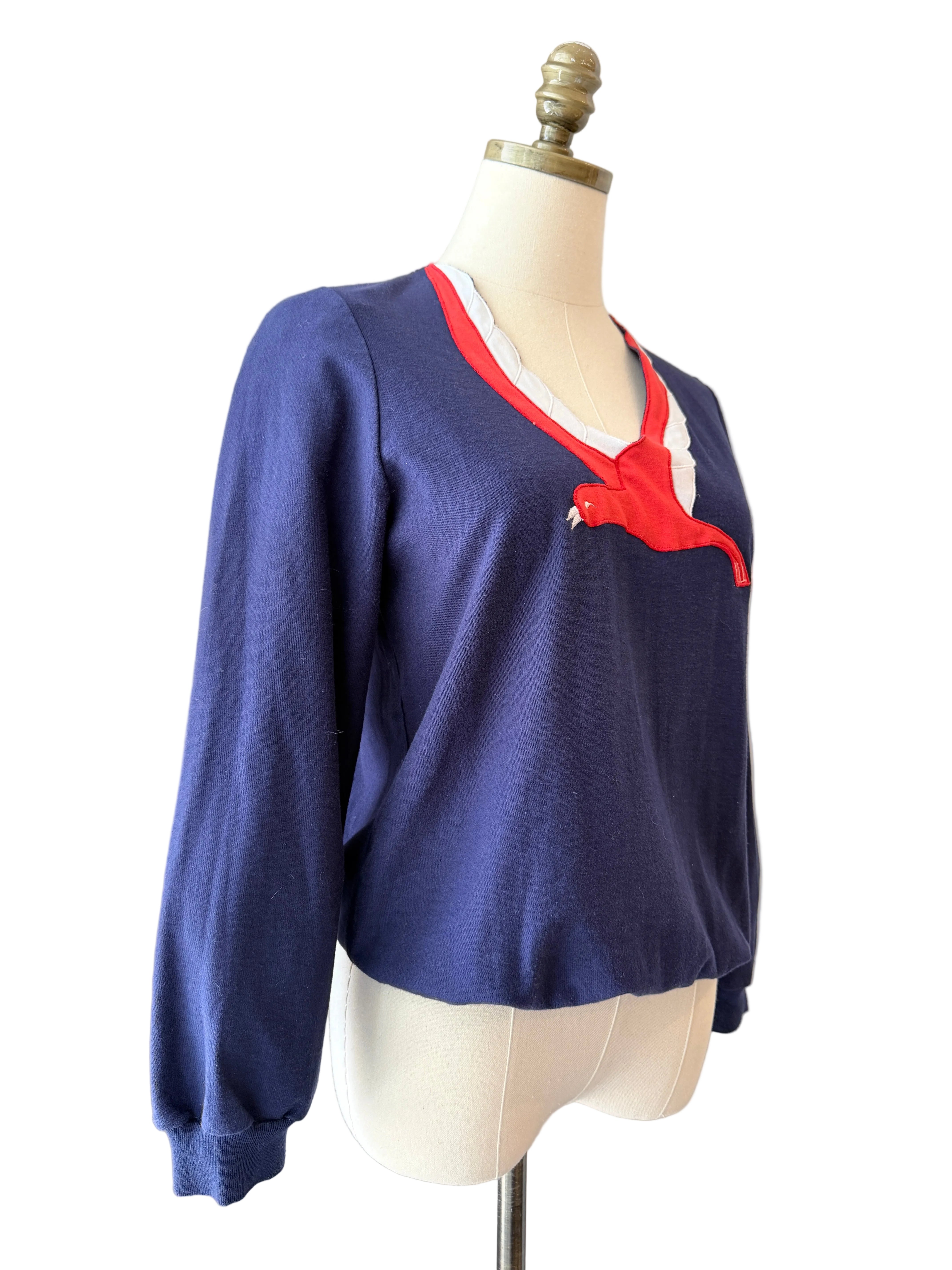 1970s Jordana Navy Sweatshirt with Red Bird Appliqué & V-Neck