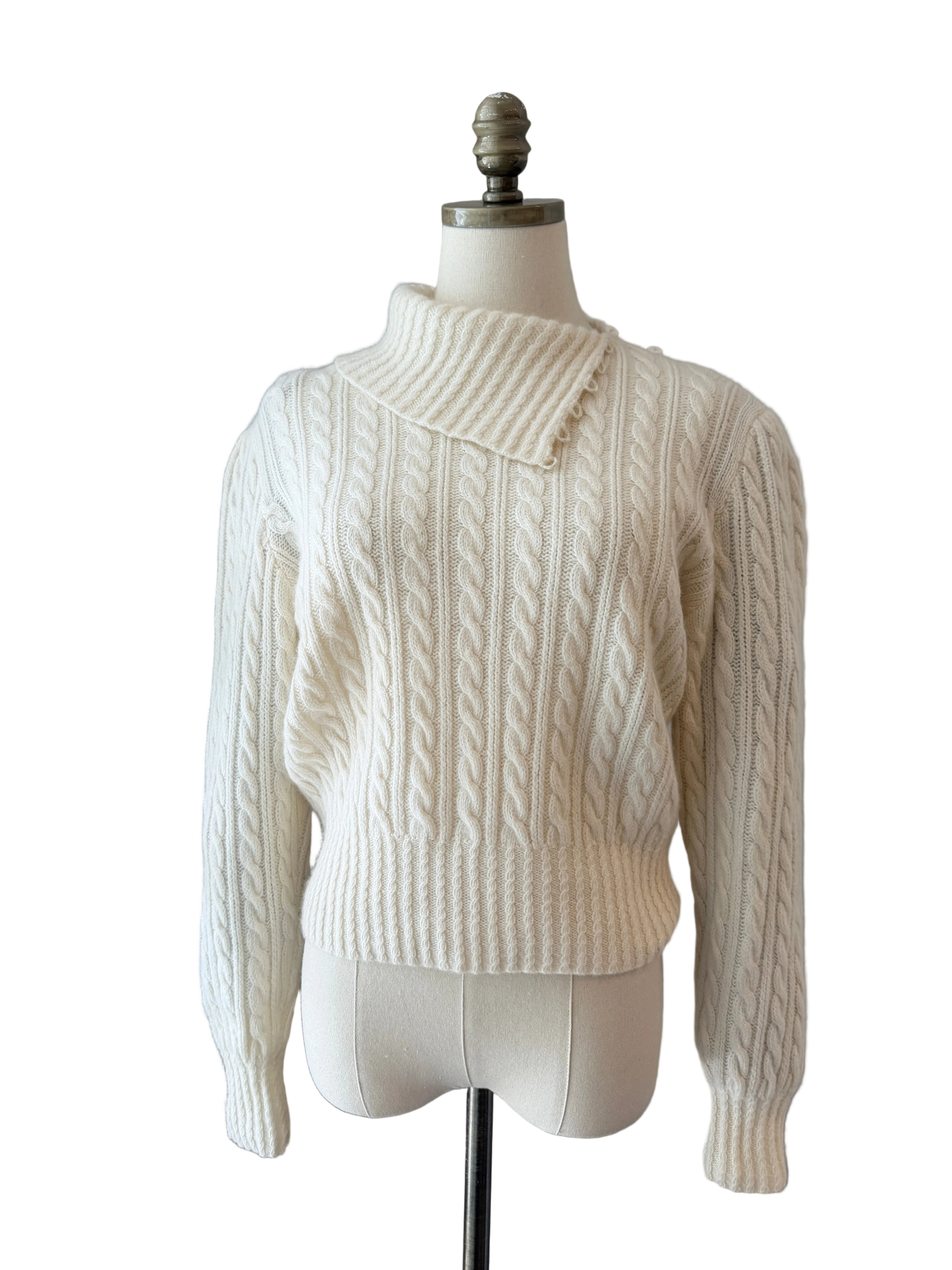 1980s Burberry Ivory Cashmere Cable-Knit Sweater with Handkerchief Collar