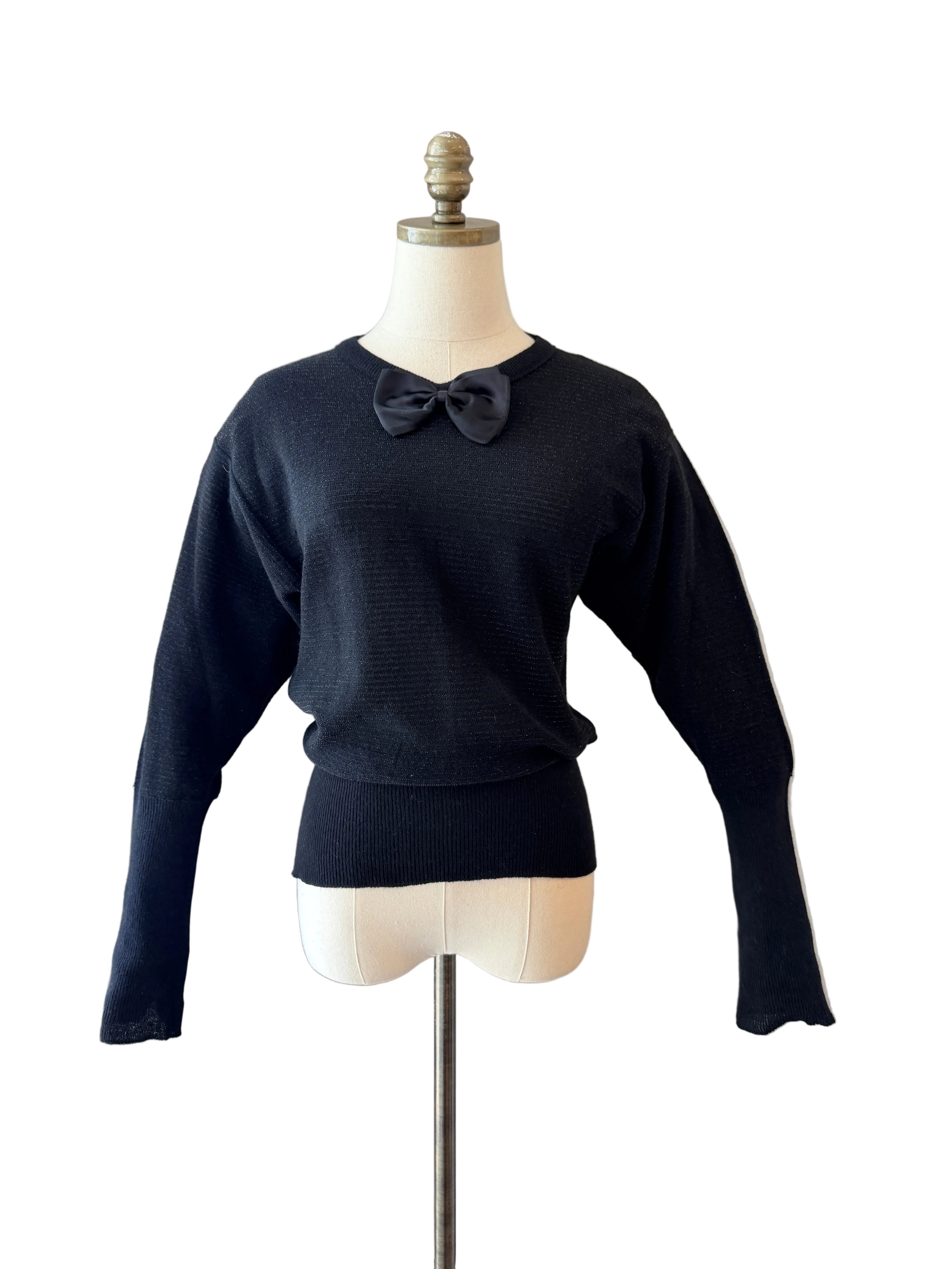 1980s Sonia Rykiel Black Knit Sweater with Satin Neck Bow & Waist Tie