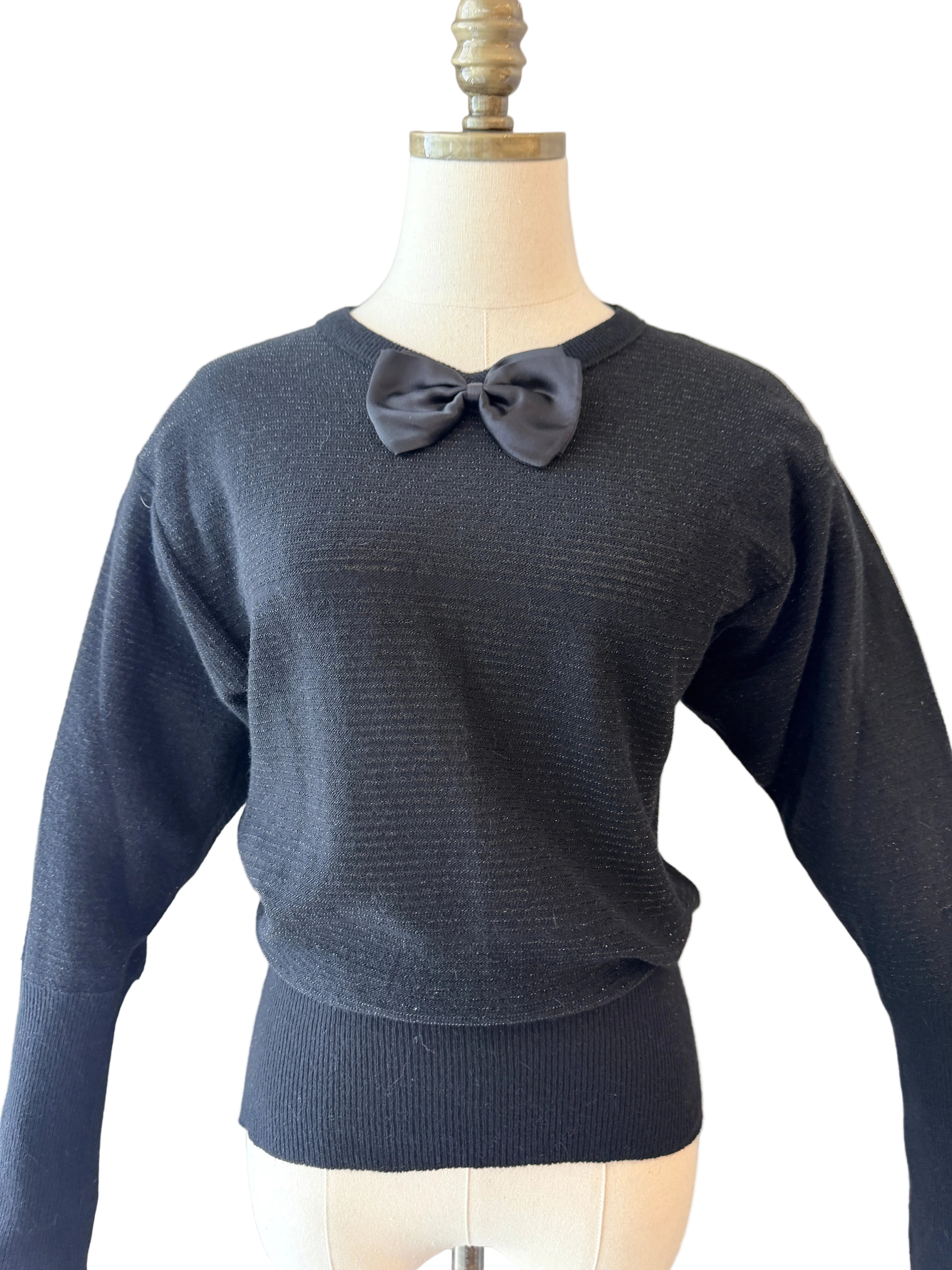 1980s Sonia Rykiel Black Knit Sweater with Satin Neck Bow & Waist Tie