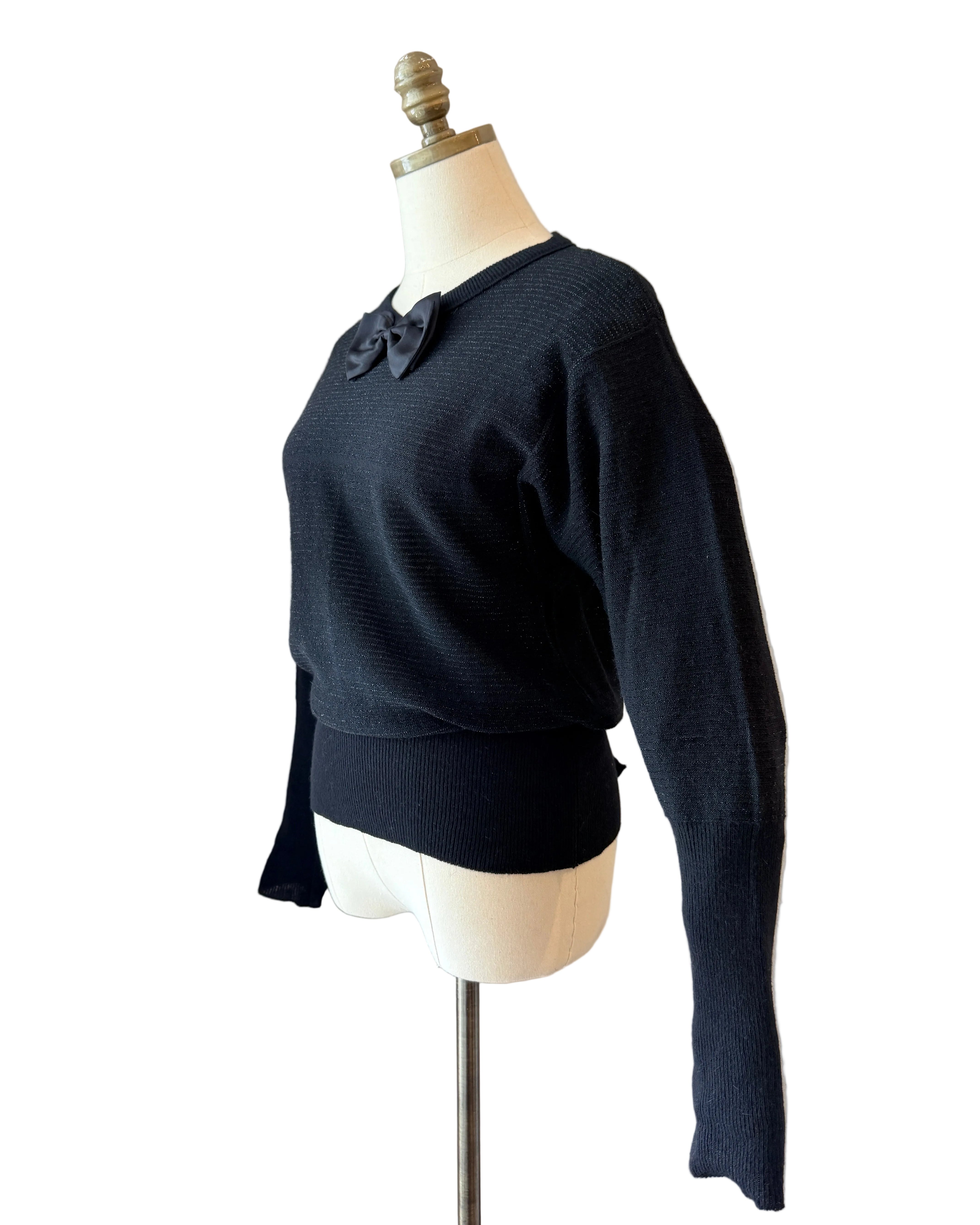 1980s Sonia Rykiel Black Knit Sweater with Satin Neck Bow & Waist Tie