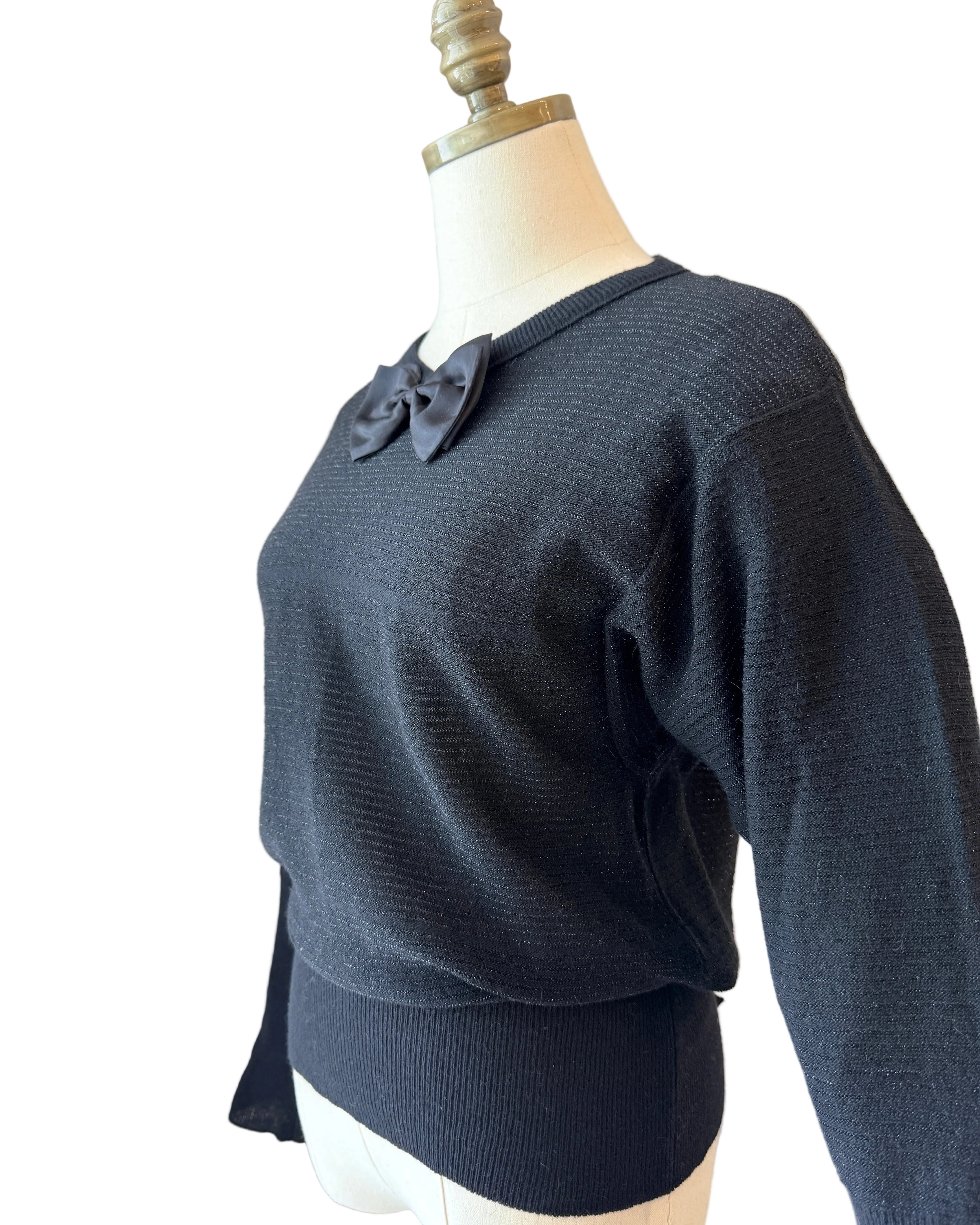 1980s Sonia Rykiel Black Knit Sweater with Satin Neck Bow & Waist Tie