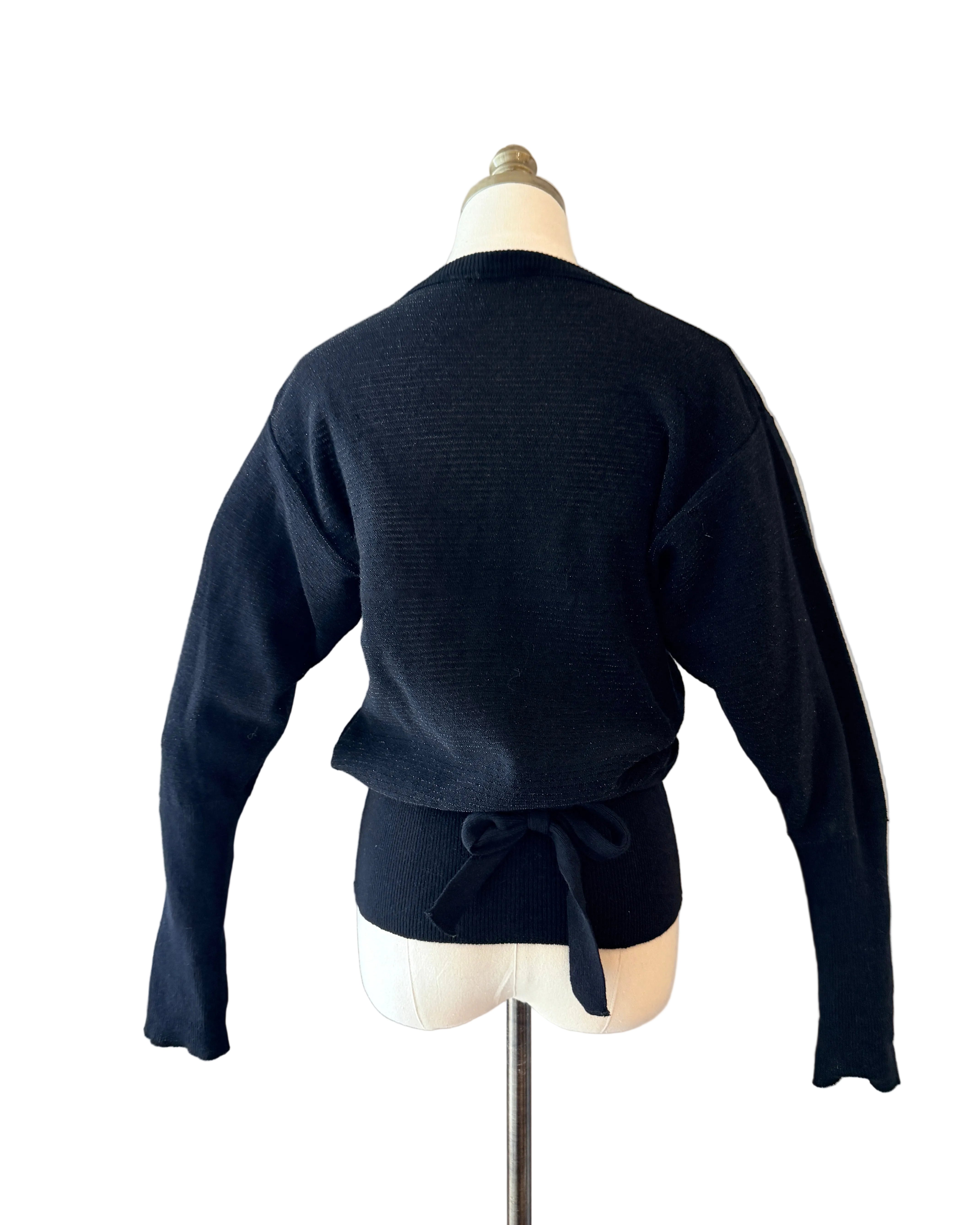 1980s Sonia Rykiel Black Knit Sweater with Satin Neck Bow & Waist Tie