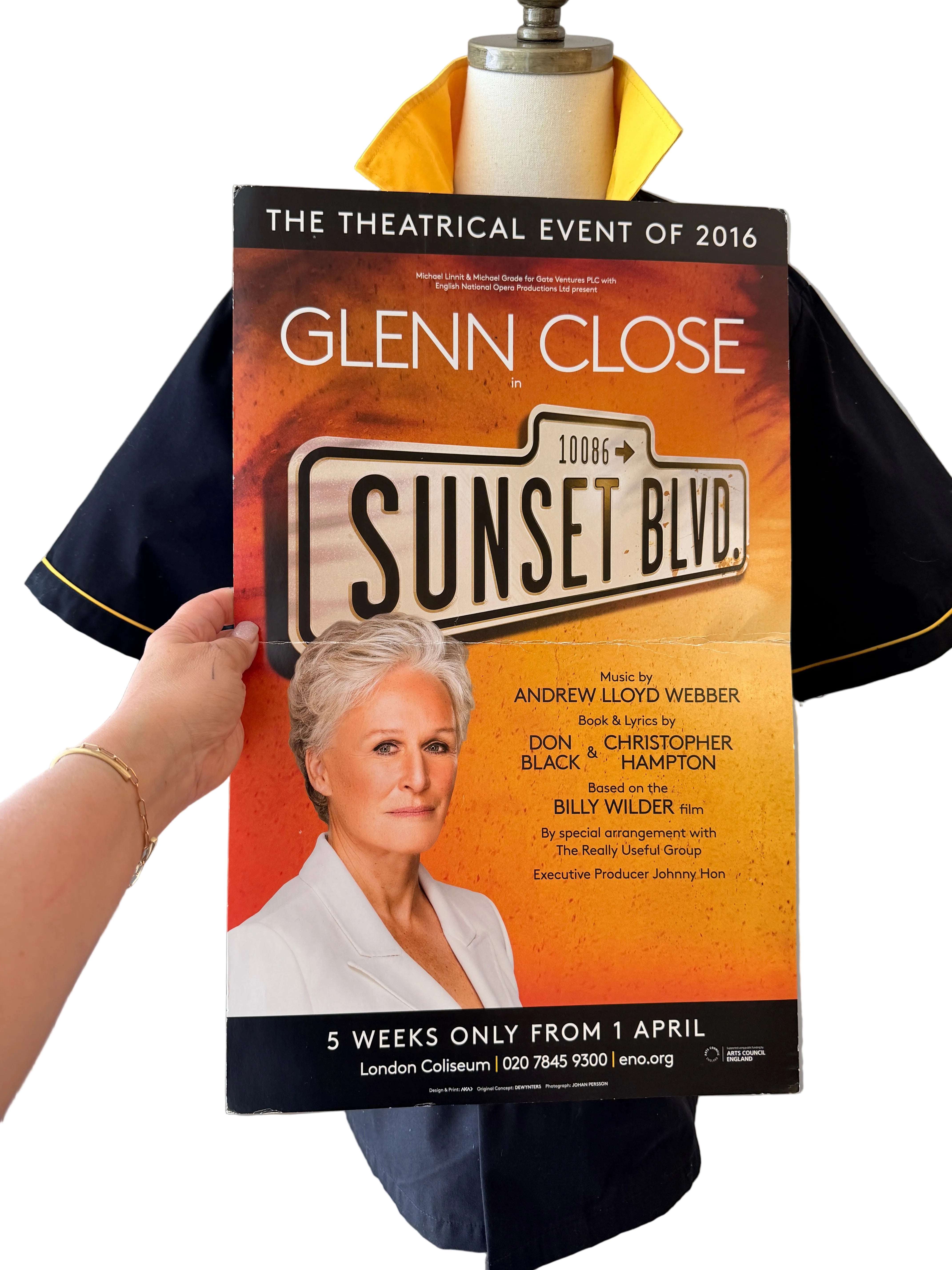 2016 Sunset Boulevard Glenn Close Signed Memorabilia Collection — Bowling Shirt, Poster & Beanfield Costume Bible