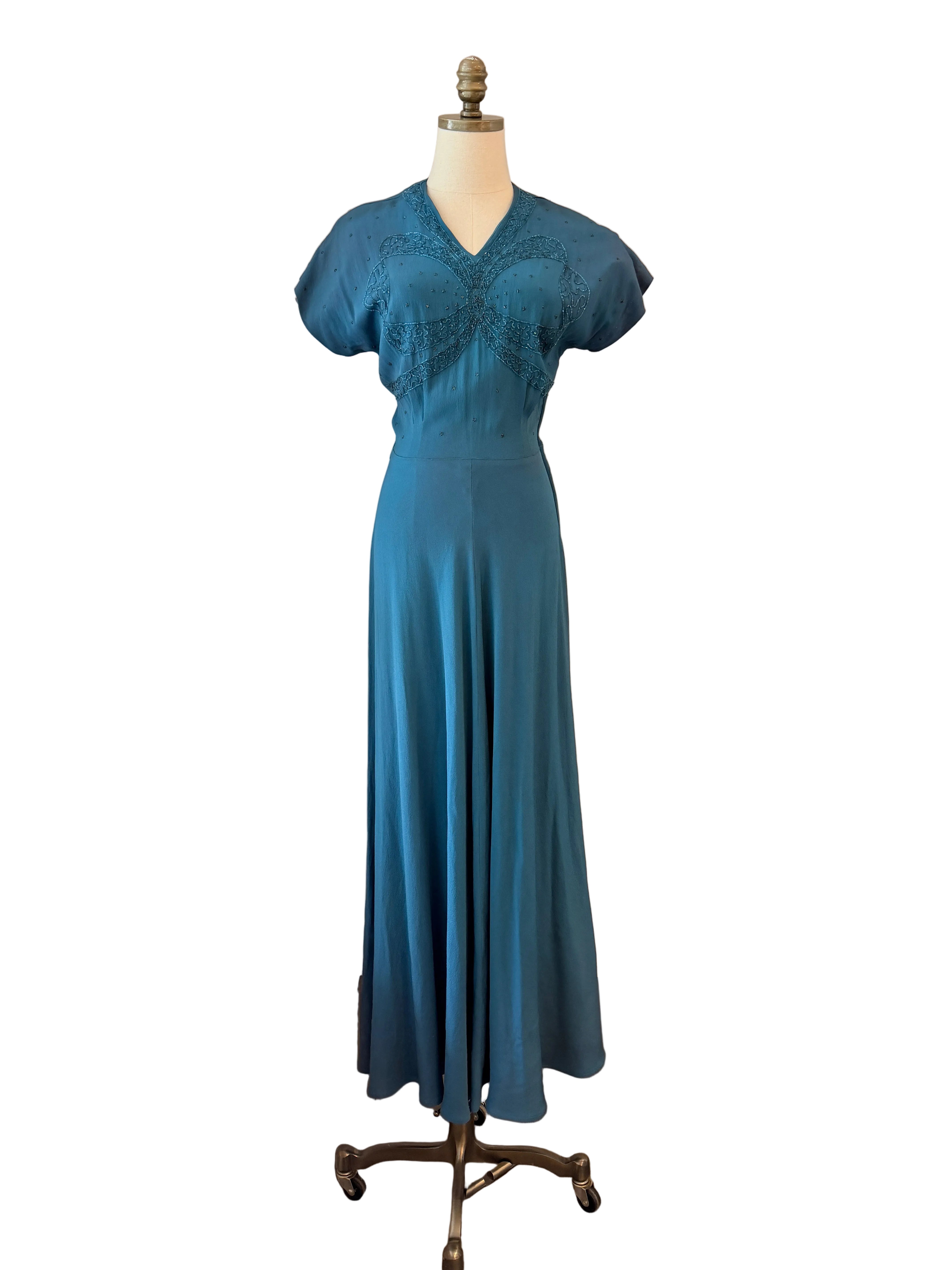 1940s DuBarry Teal Bias-Cut Evening Gown with Beaded Bow Detail