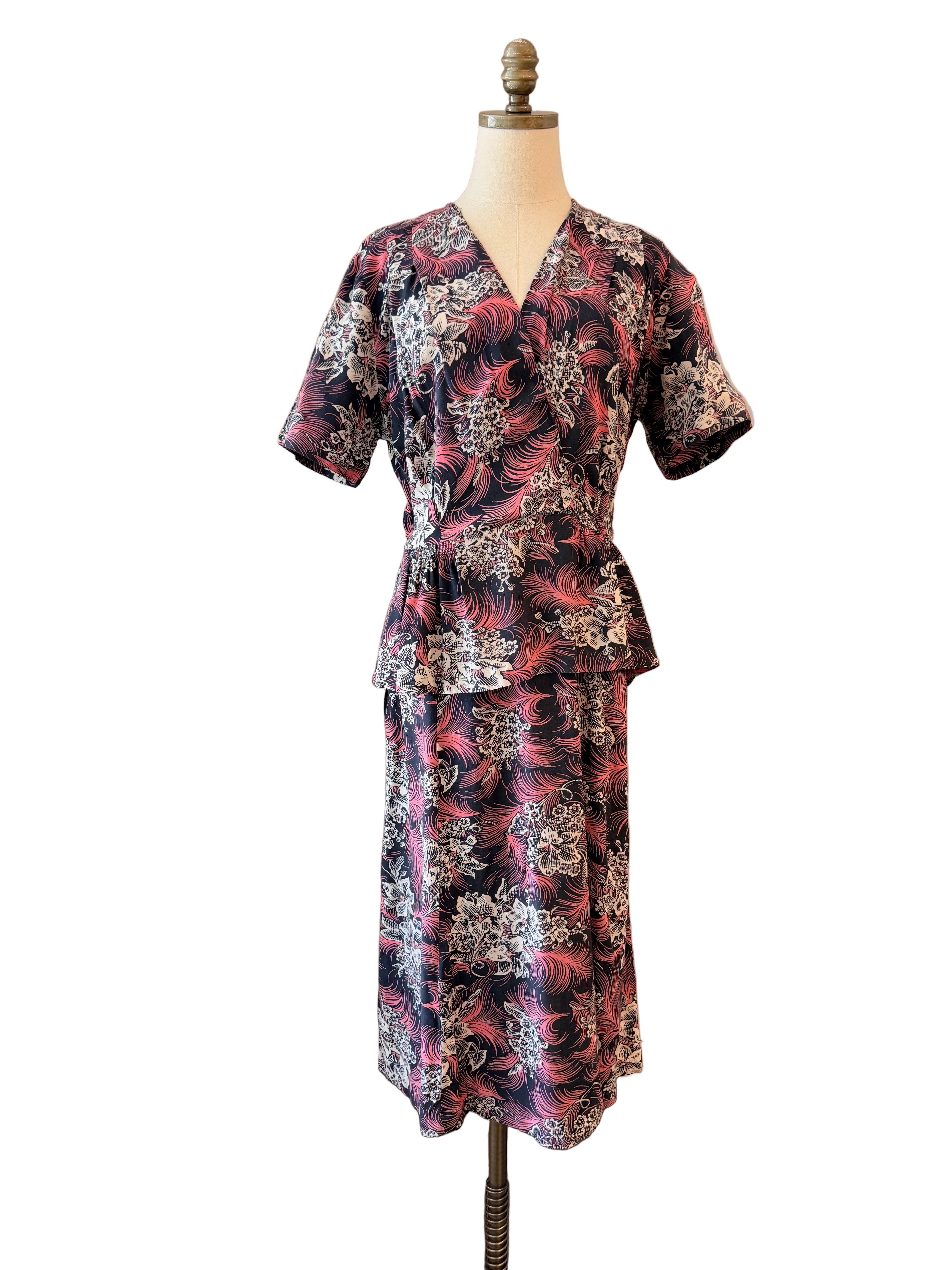 1940s Navy Rayon Dress with White Floral & Pink Feather Print