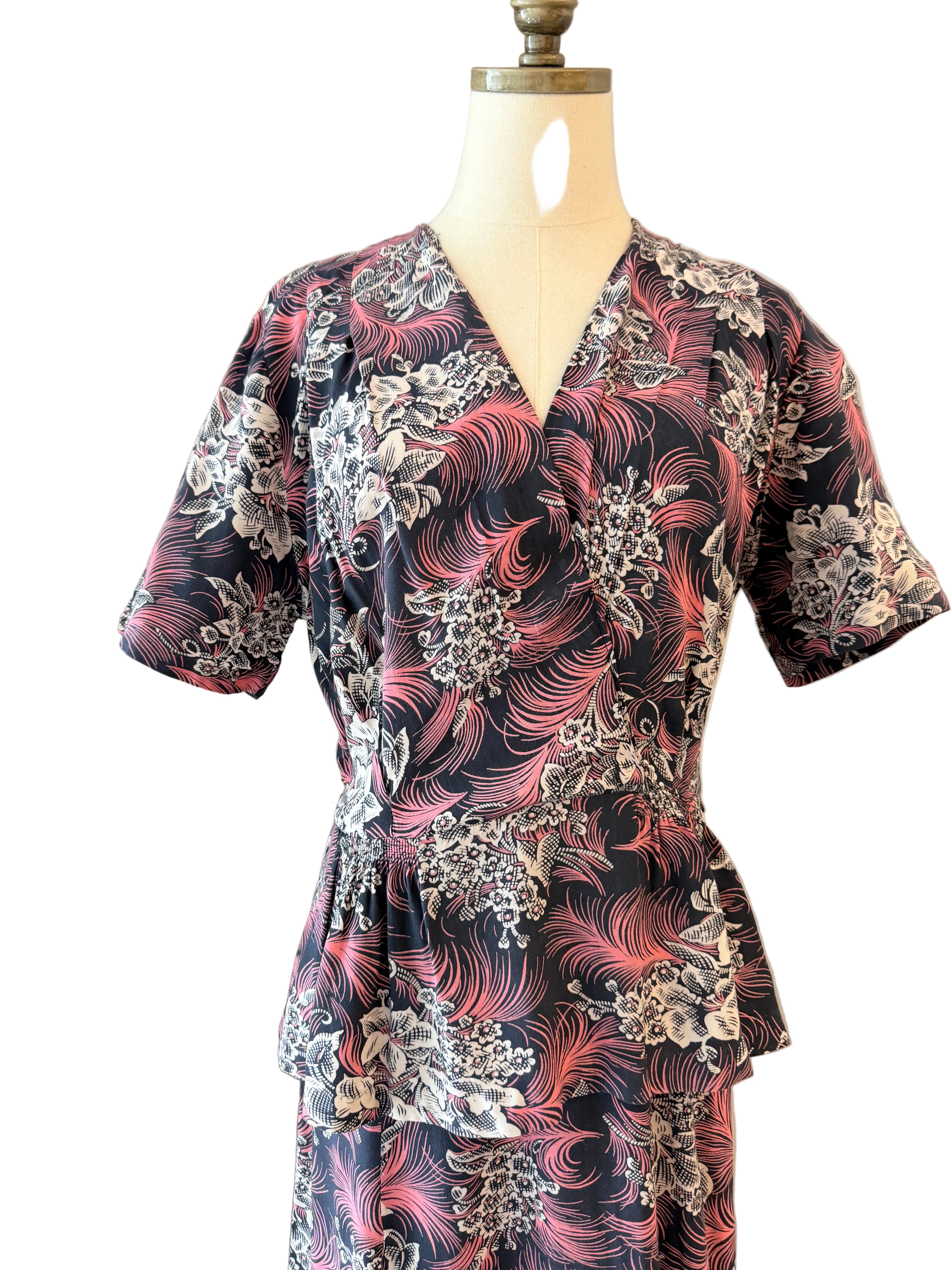 1940s Navy Rayon Dress with White Floral & Pink Feather Print