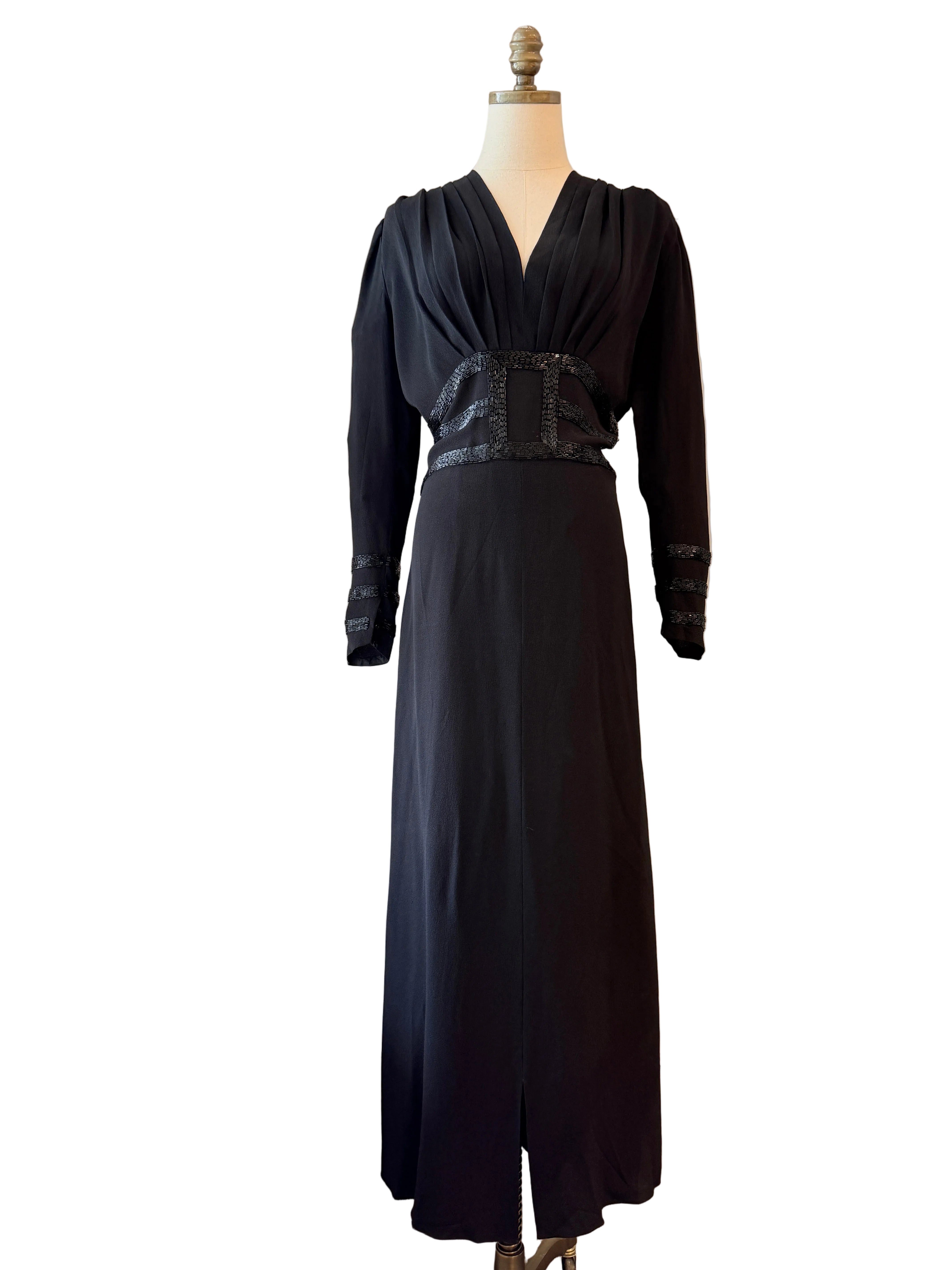 1930s Black Rayon Evening Gown with Bugle Bead Detail & Front Slit