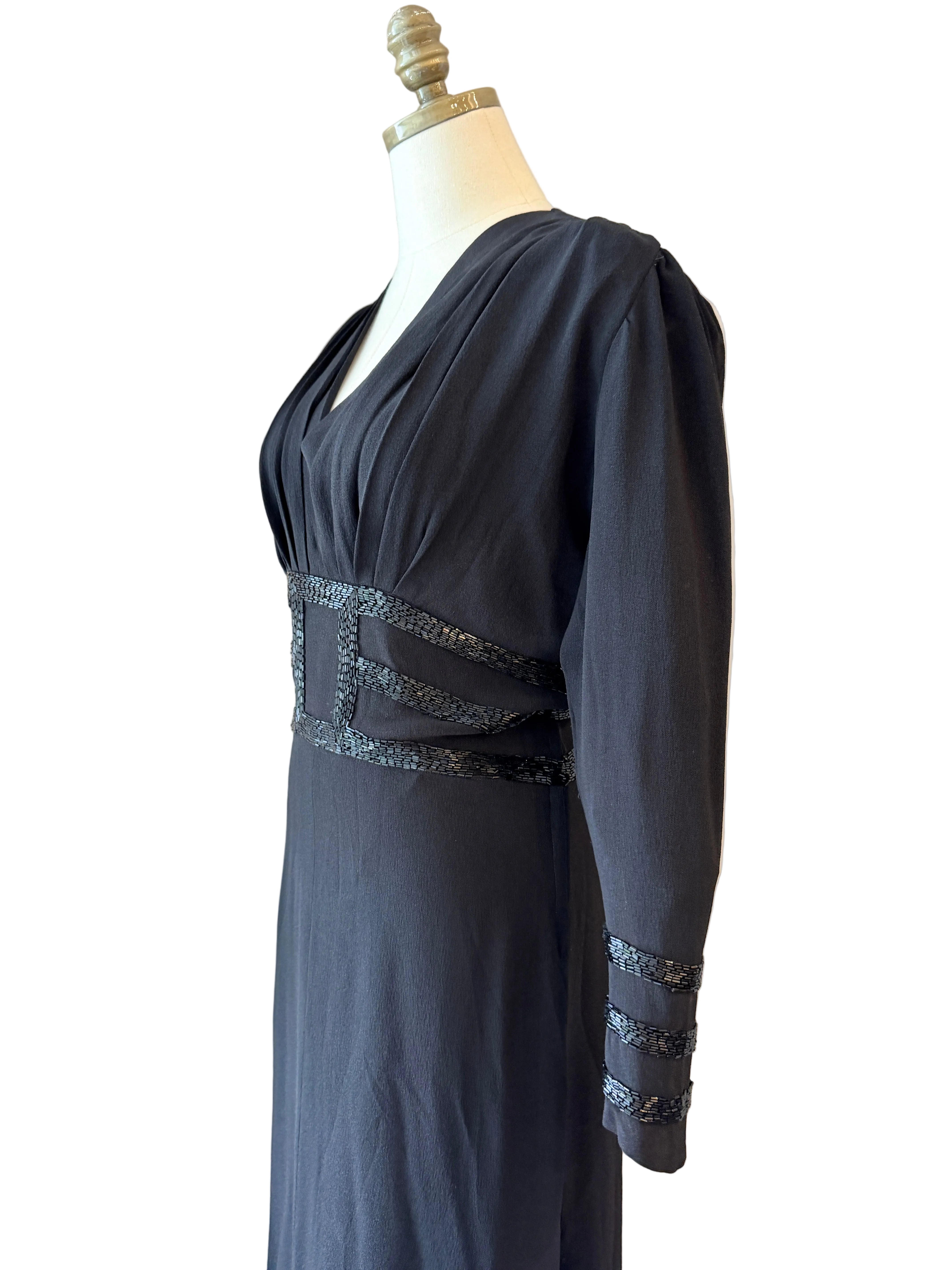 1930s Black Rayon Evening Gown with Bugle Bead Detail & Front Slit