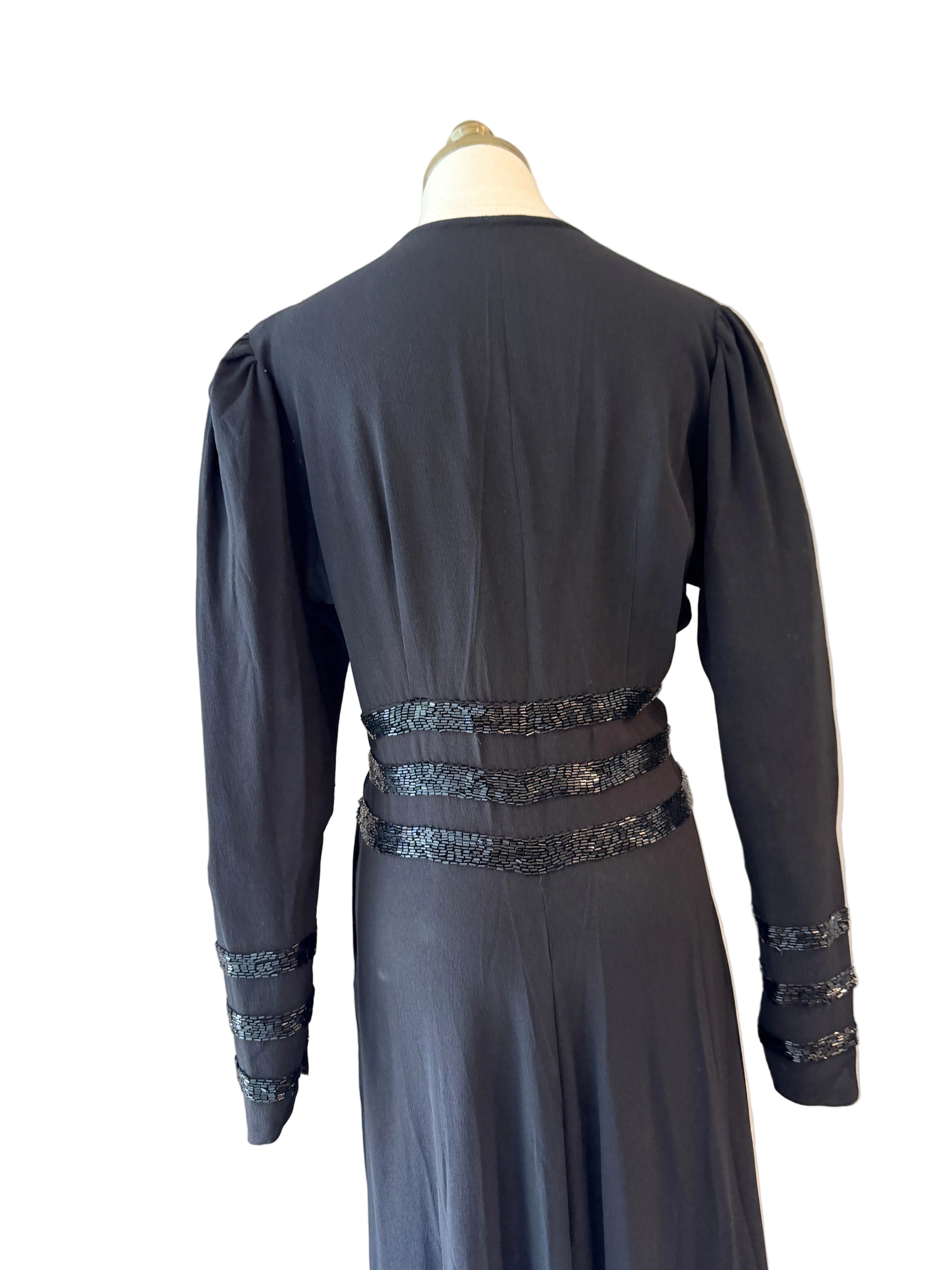 1930s Black Rayon Evening Gown with Bugle Bead Detail & Front Slit