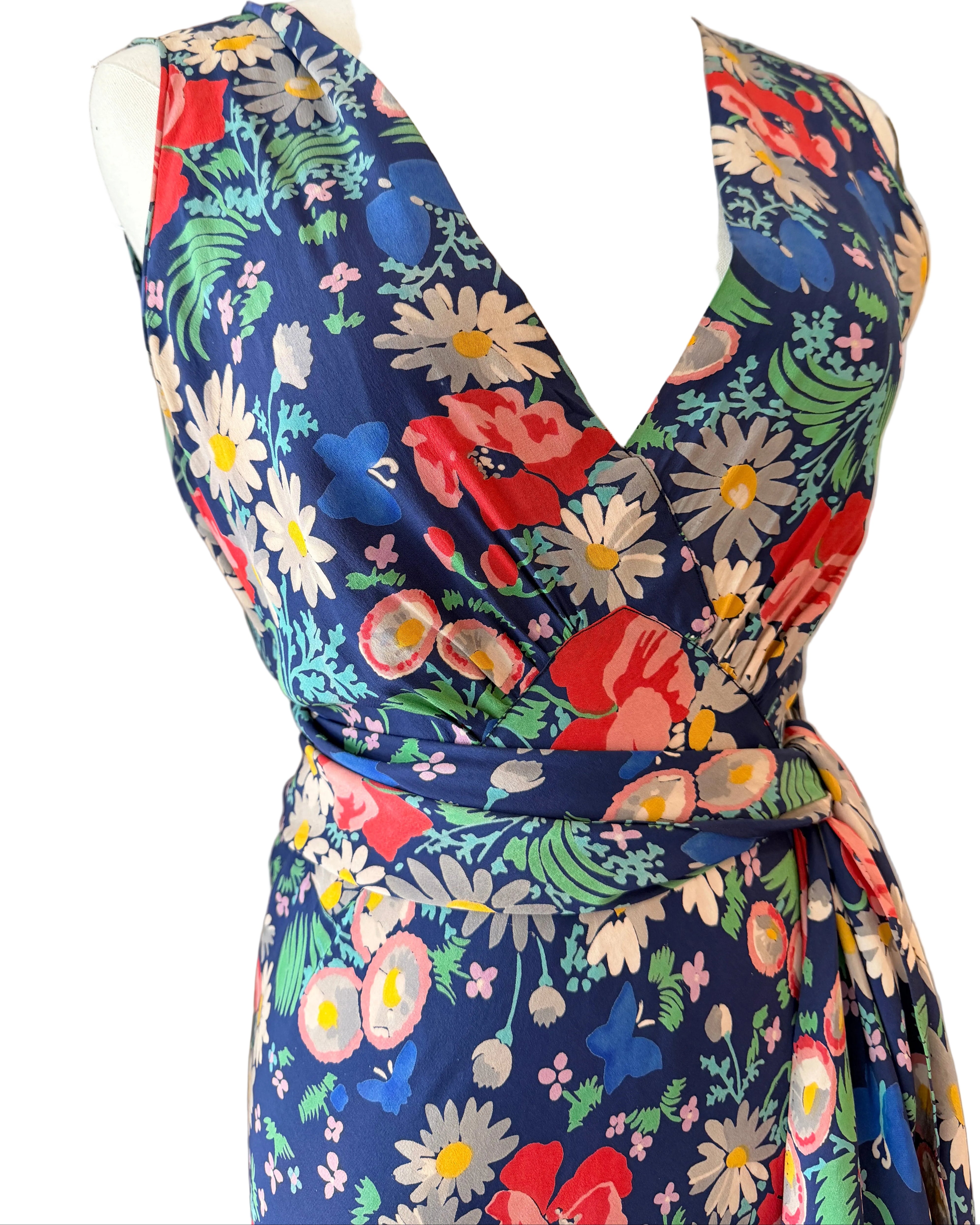 1930s Navy Silk Bias-Cut Floral Gown with Front & Back V-Neck and Sash Waist