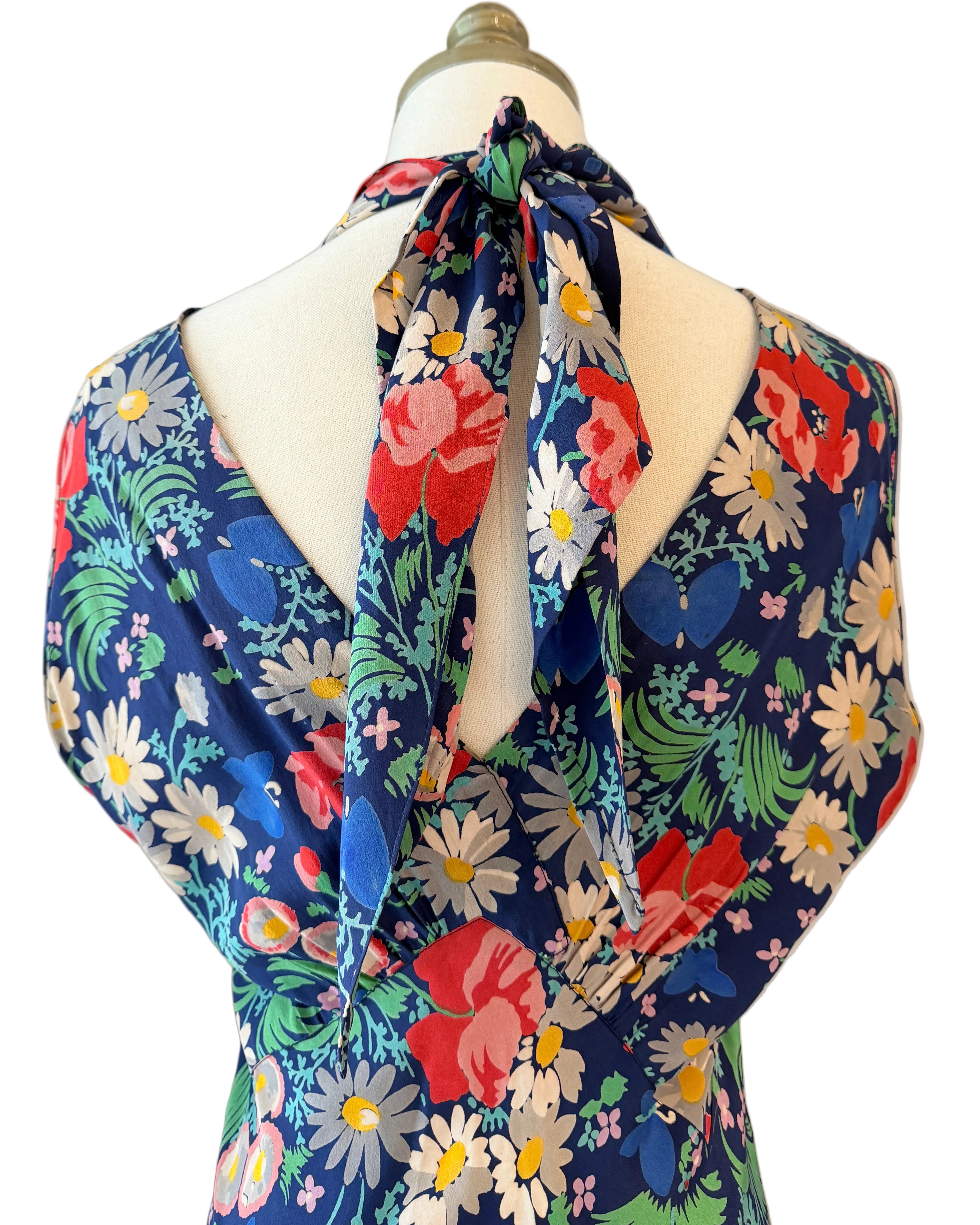 1930s Navy Silk Bias-Cut Floral Gown with Front & Back V-Neck and Sash Waist